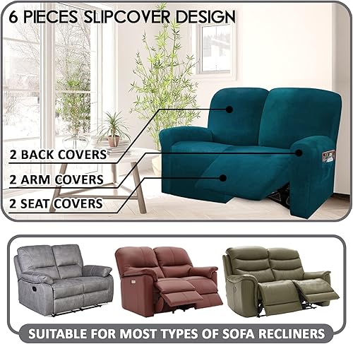 ULTICOR Funda reclinable para sofá biplaza, 48 a 65 pulgadas de largo, 6 fundas de sofá reclinable elásticas de terciopelo de 2 asientos, funda