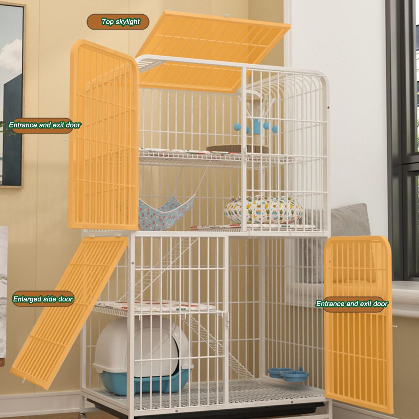 HARELA Jaula para Gatos Exterior/Interior, Parque de Metal para Gatos, Jaula para Mascota de 4 Niveles, Recinto para Gatos sobre Ruedas y Bandeja extraíble, FáCil de Montar
