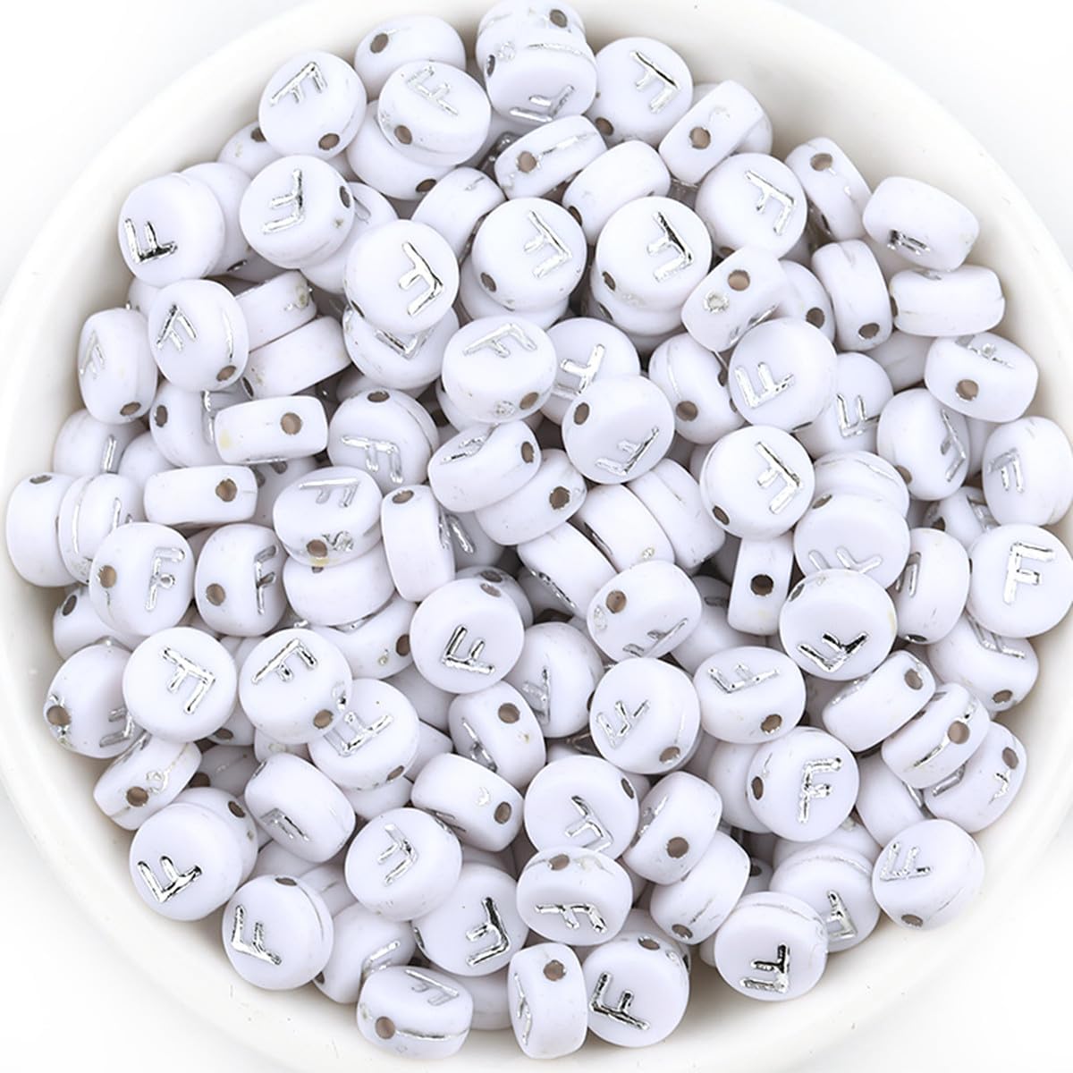 100PCS Letter Beads White Round Acrylic Alphabet Beads Silver Letter F Beads for Jewelry Making Bracelets Necklaces Key Chains DIY 4X7mm - Image 2