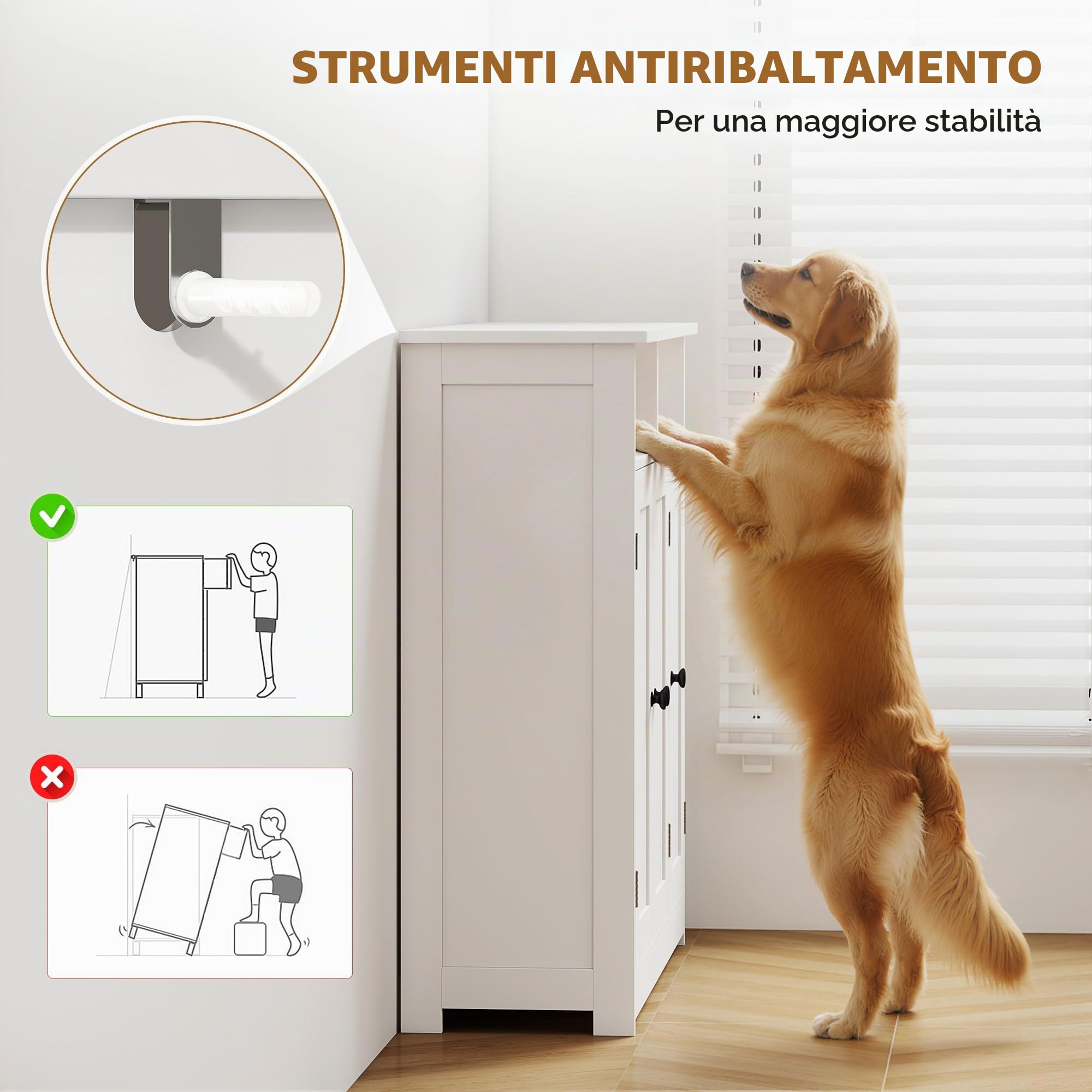 HOMCOM Mobile da bagno, armadio da bagno stretto con 3 ante, 2 scomparti aperti, ripiano regolabile, per soggiorno, cucina, 85x30x85 cm, bianco