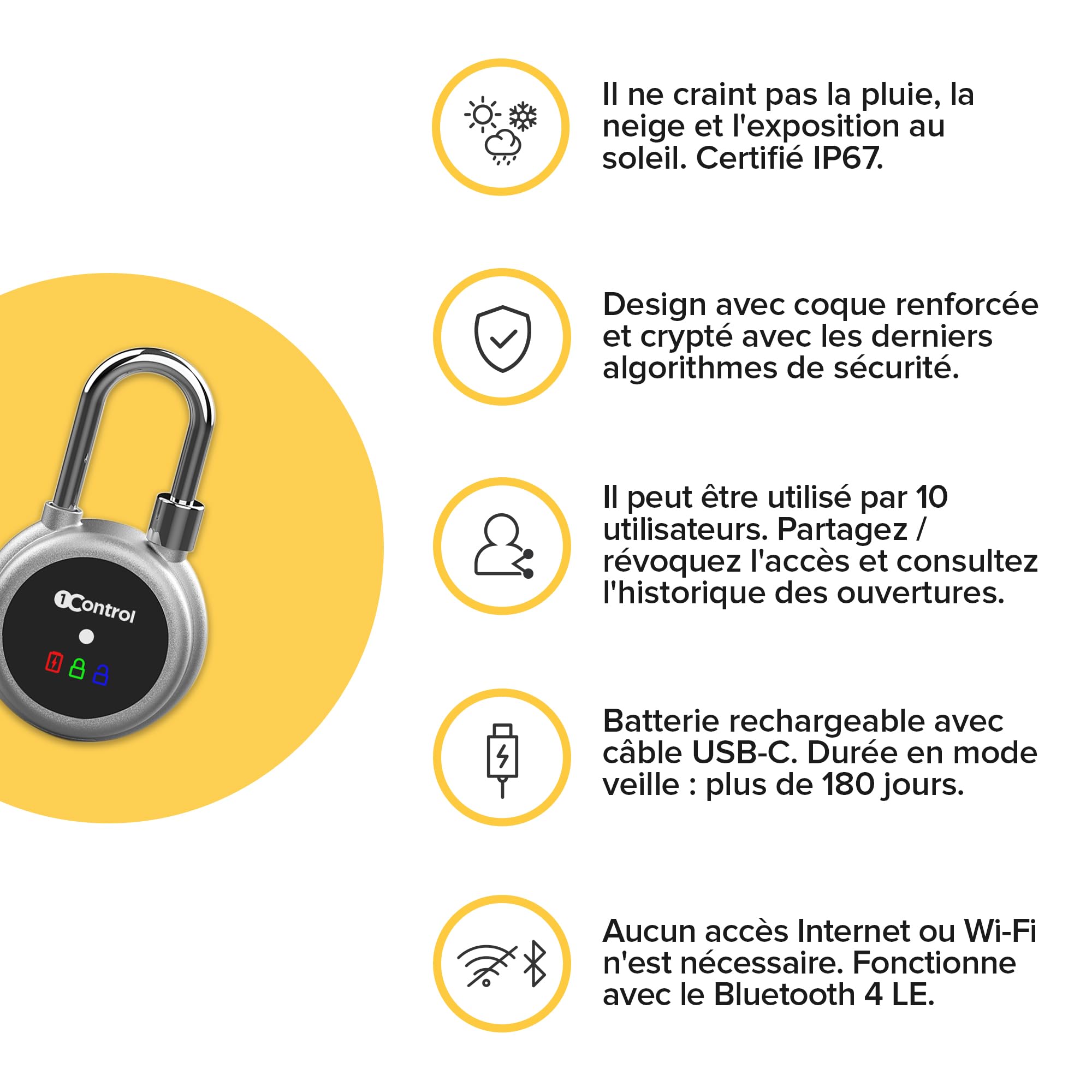 1Control LOCO, Cadenas Bluetooth Intelligent, Corps Renforcé en Aluminium, Batterie d'une durée de vie jusqu'à 180 jours, Résistant aux Intempéries, Certification IP67, Compatible avec iOS et Android