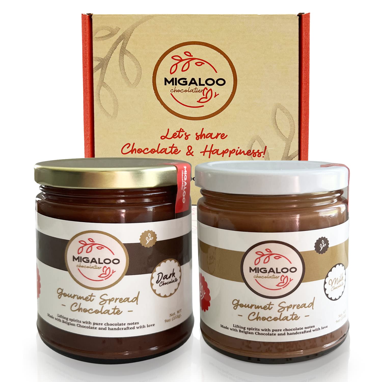 MIGALOO chocolatierGourmet Spreadable Dark Chocolate & Milk Chocolate 2 Packs Gluten Free for Bread, Cookies, Crackers, Bagels 9 Oz Jar