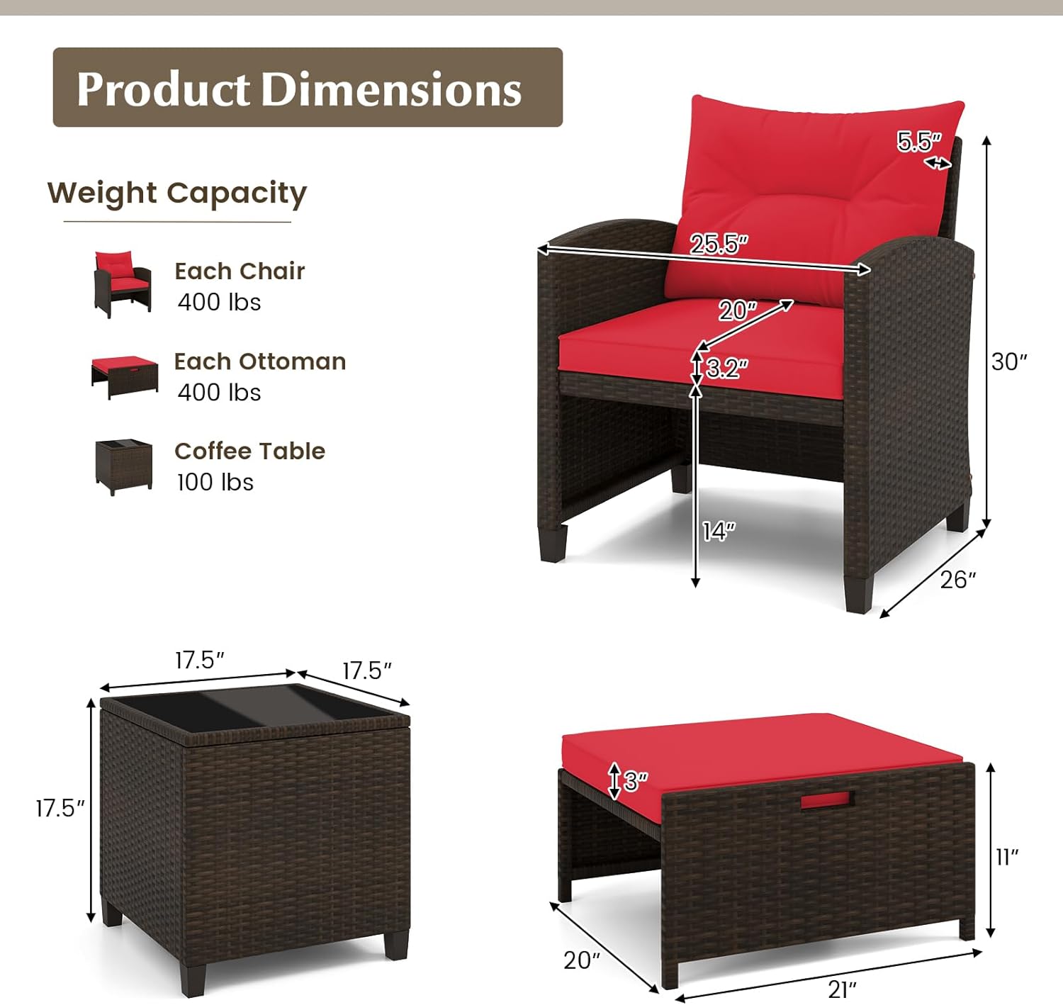 Diagram showing dimensions and weight capacities of the KOTEK patio chairs, ottomans, and coffee table