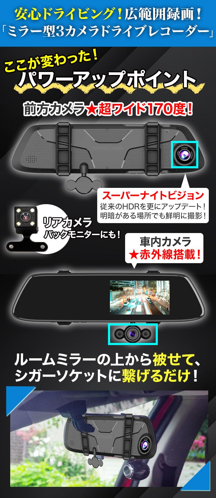 Amazon.co.jp: 快適生活 安心ドライビング！広範囲録画！「ミラー型3