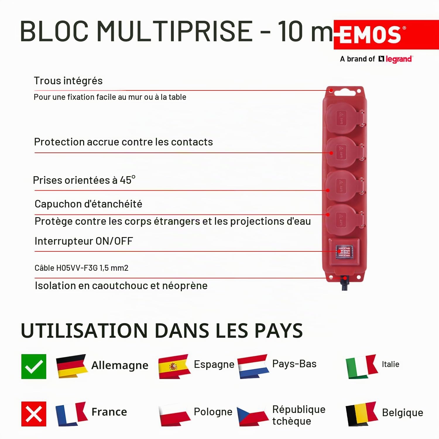 EMOS Bloc multiprise IP44 pour extérieur avec sécurité enfant rabattable