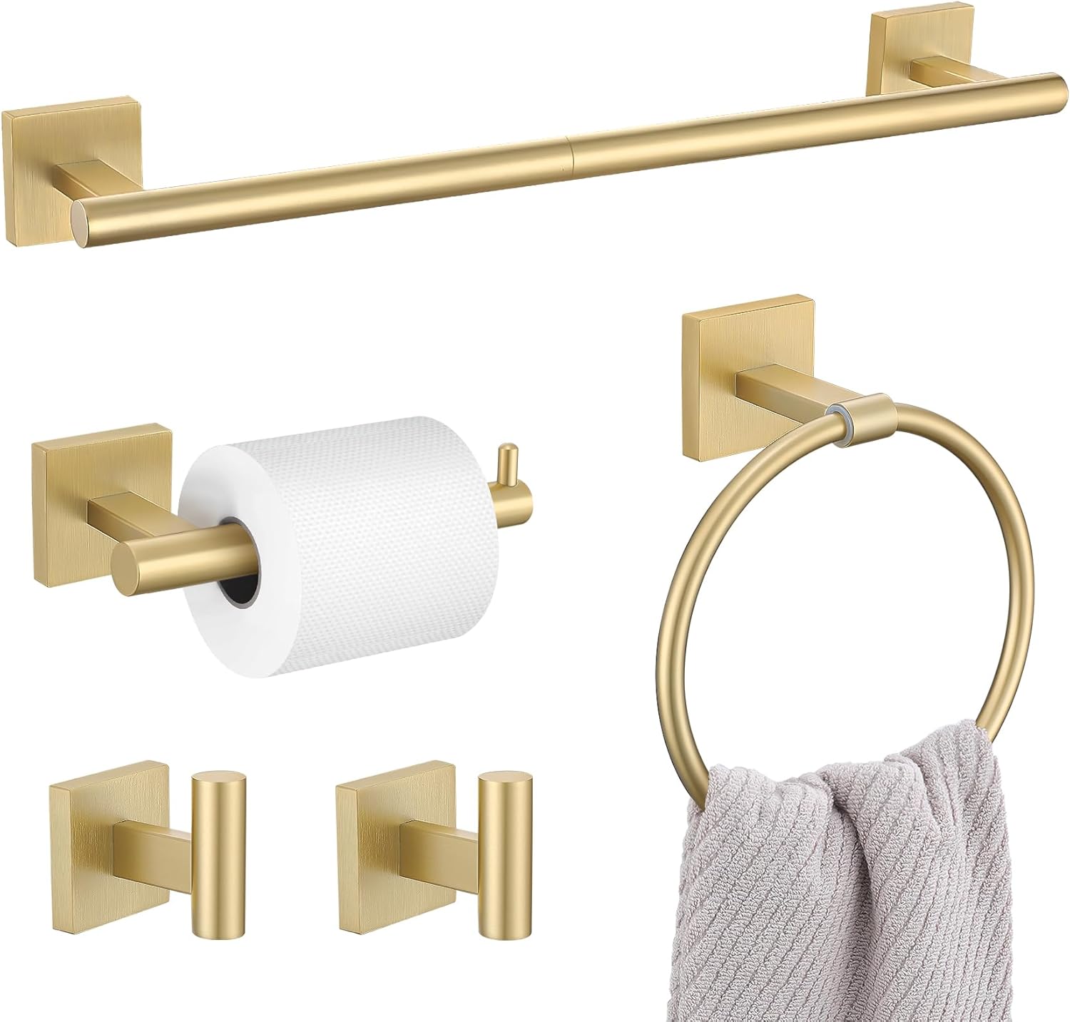 5 Pieces Bathroom Hardware Set Brushed Gold Towel Bar Set Includes 23.6 Towel Bar, Towel Ring Holder, Toilet Paper Holder and Two Towel Hooks, Bathroom Accessories Set SUS304 Wall Mounted (Brushed Gold) Thumbnail