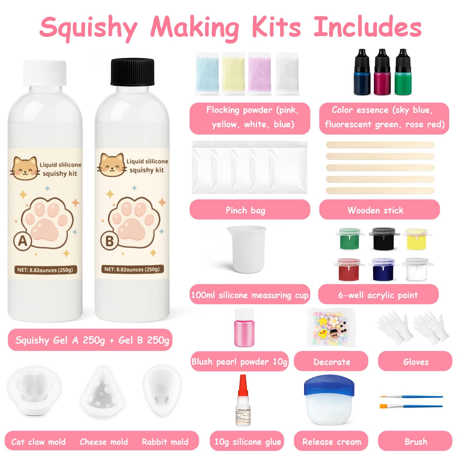 1DFAUL Zestaw do robienia squishy z płynnego silikonu 17.6oz, ​​bez bąbelków i szybko utwardzalne, z królikiem, łapką kota, foremkami do sera, zabawne sposoby na odstresowanie, prezenty DIY