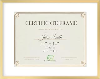 FrameWorks 11”x14” Matted to 8.5”x11” – Deluxe Brass Gold Aluminum Contemporary Diploma Frame with Tempered Glass and Removable Mat