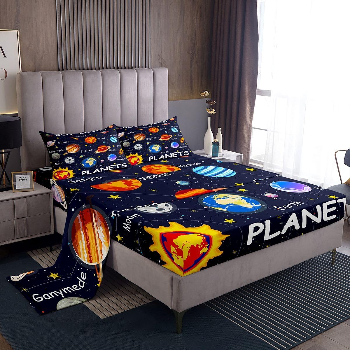 Feelyou Kids Solar System Sheet Set King Size Outer Space Bed Sheets Set for Boys Girls Teens Bedroom Decor Universe Planets Sheets with Deep Pocket Fitted Sheet Women Men Galaxy with 2 Pillow Case