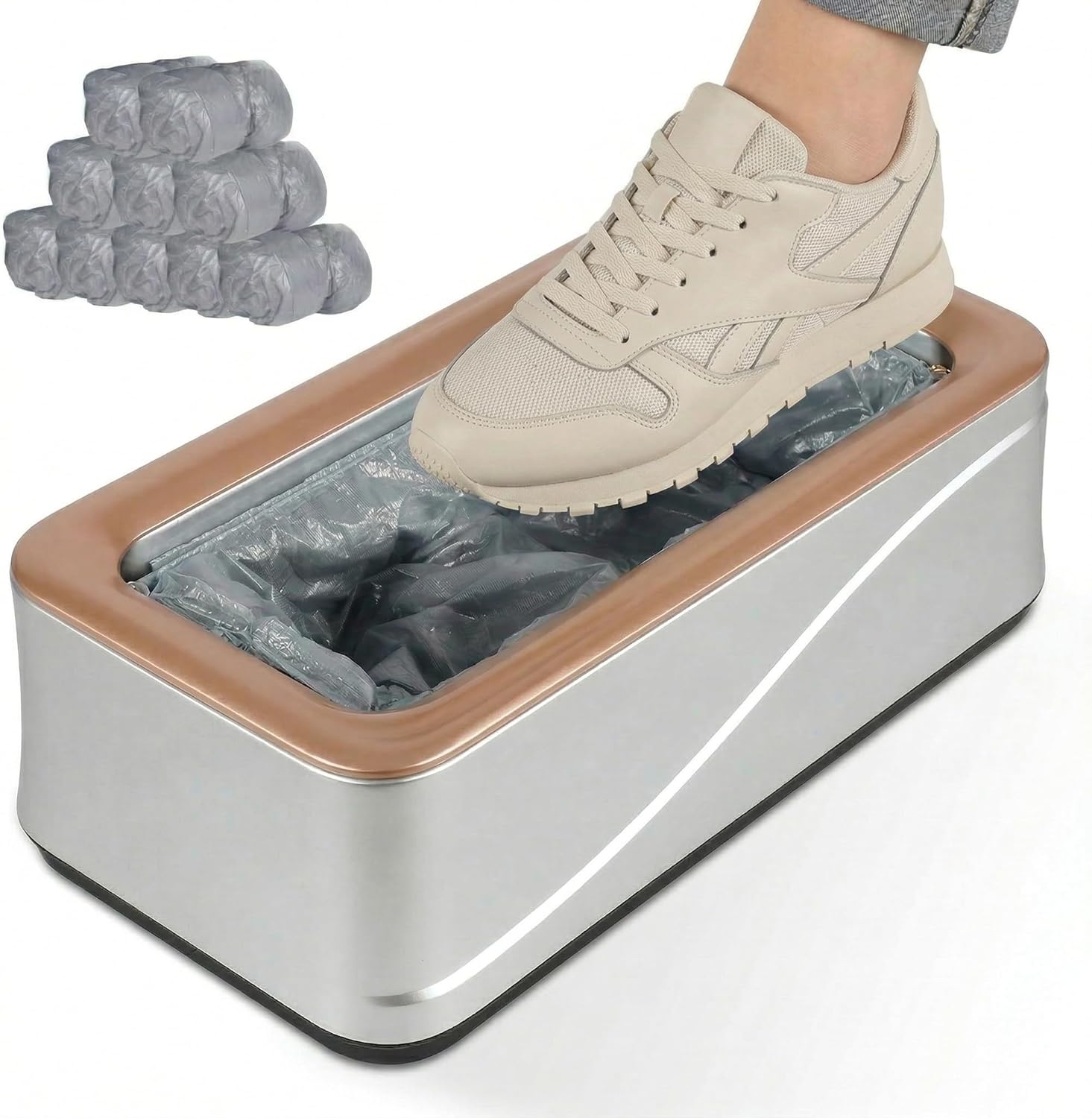 Upgraded Automatic Shoe Cover Dispenser - Shoe Cover Machine with 200 Shoe Covers for Home Indoor Use, Fits US Men's Sizes 6.5–11 & Women's Sizes 5–8.5, Hands-Free Shoe Cover Dispenser, Grey