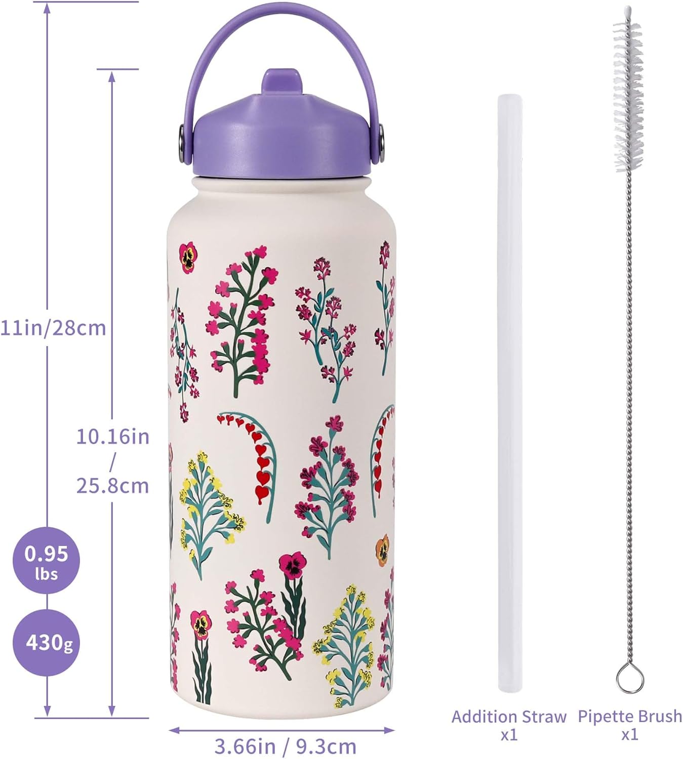 Goetland Flowers Water Bottle Beverage Bottle with Straw Lid 32 oz Stainless Steel Wide Mouth Vacuum Insulated Cute UV Printing Leak Proof For Women Girls Kids Purple - Image 2