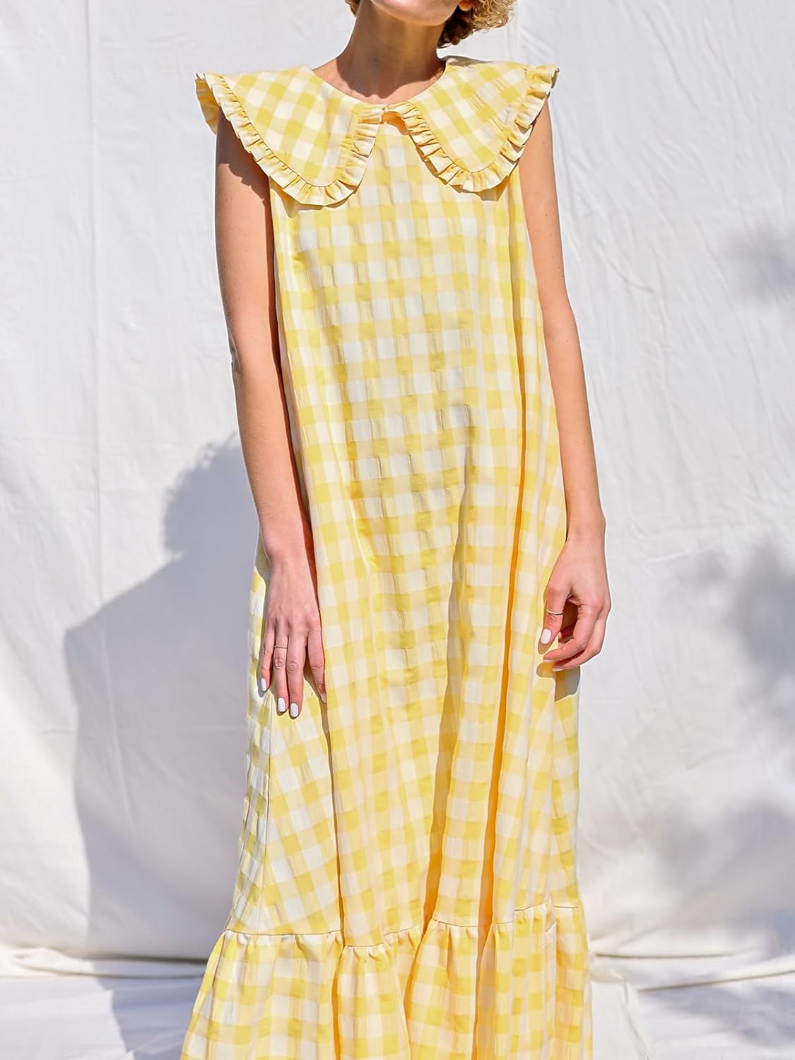 HOULENGS Women's Summer Plaid Sleeveless Maxi Dress Casual Ruffle Flowy A-Line Beach Gingham Long Sundress with Pockets