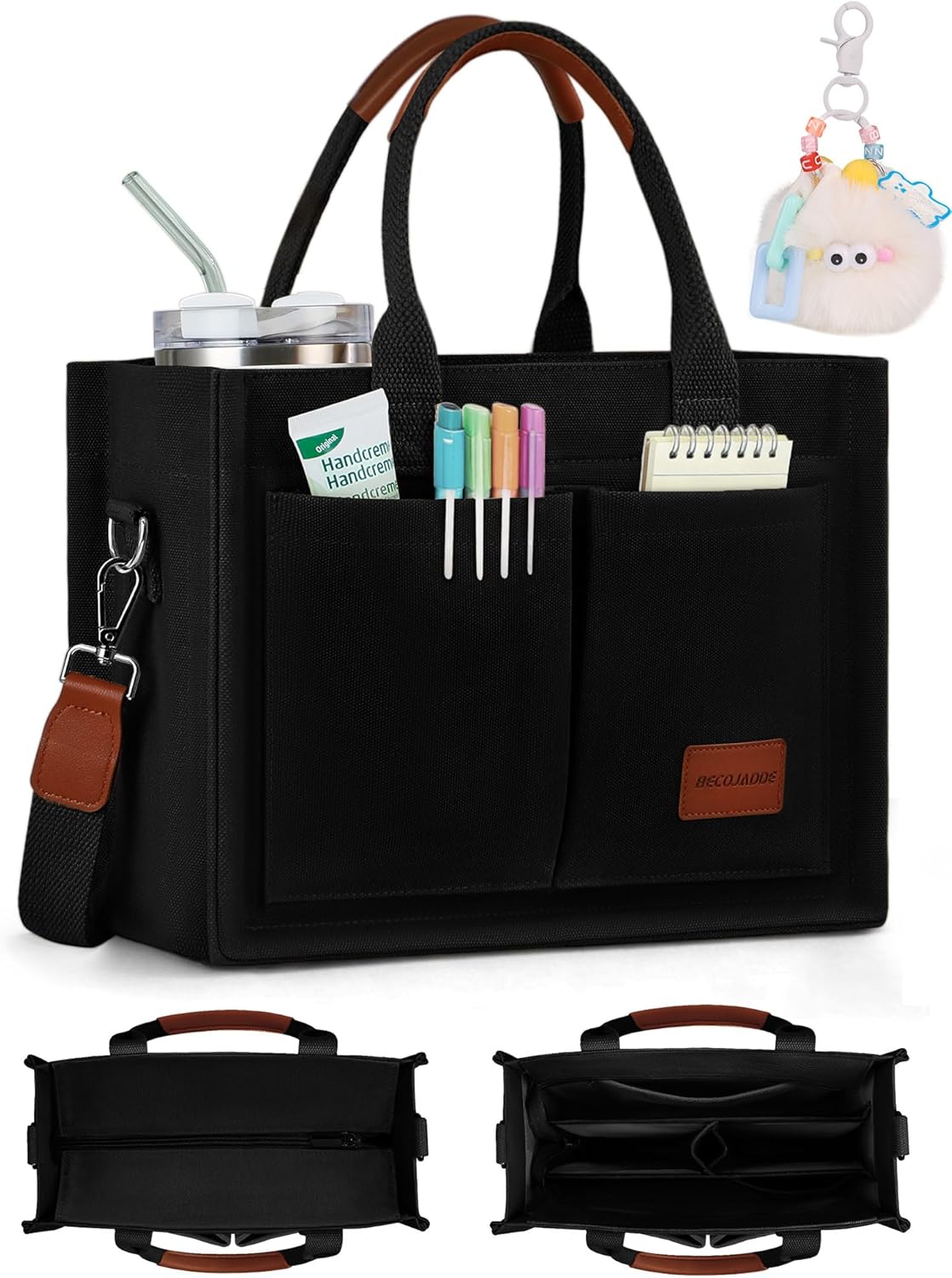 BECOJADDE Structured Canvas Tote Bag for Women, Multi-Compartment Zippered Purse for Work Bible Travel