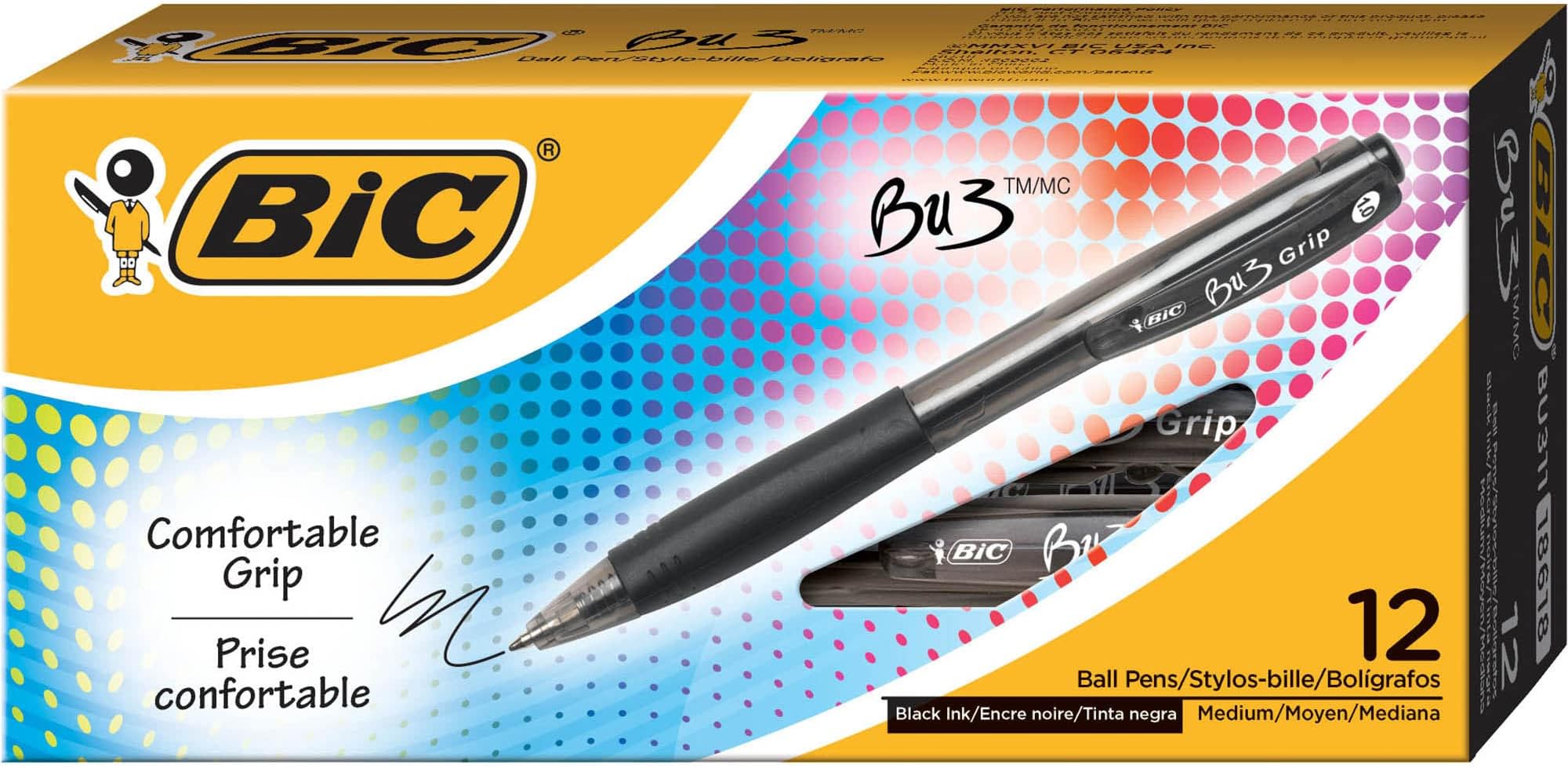 BU3 Grip Retractable Ballpoint Pen, Medium Point (1.0mm), Black, Black Ballpoint Pens for School and Office, 12-Count