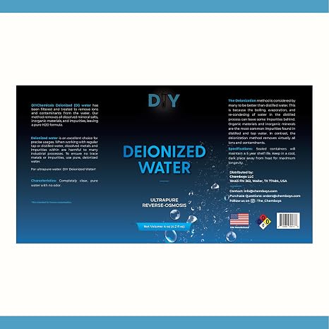 DIYChemicals Deionized Water (DI) Filtered Demineralized Water Purification Softener Solution for Cleaning, Automotive, Laboratory Equipment Bulk DI | 1 Pint (16 fl oz)