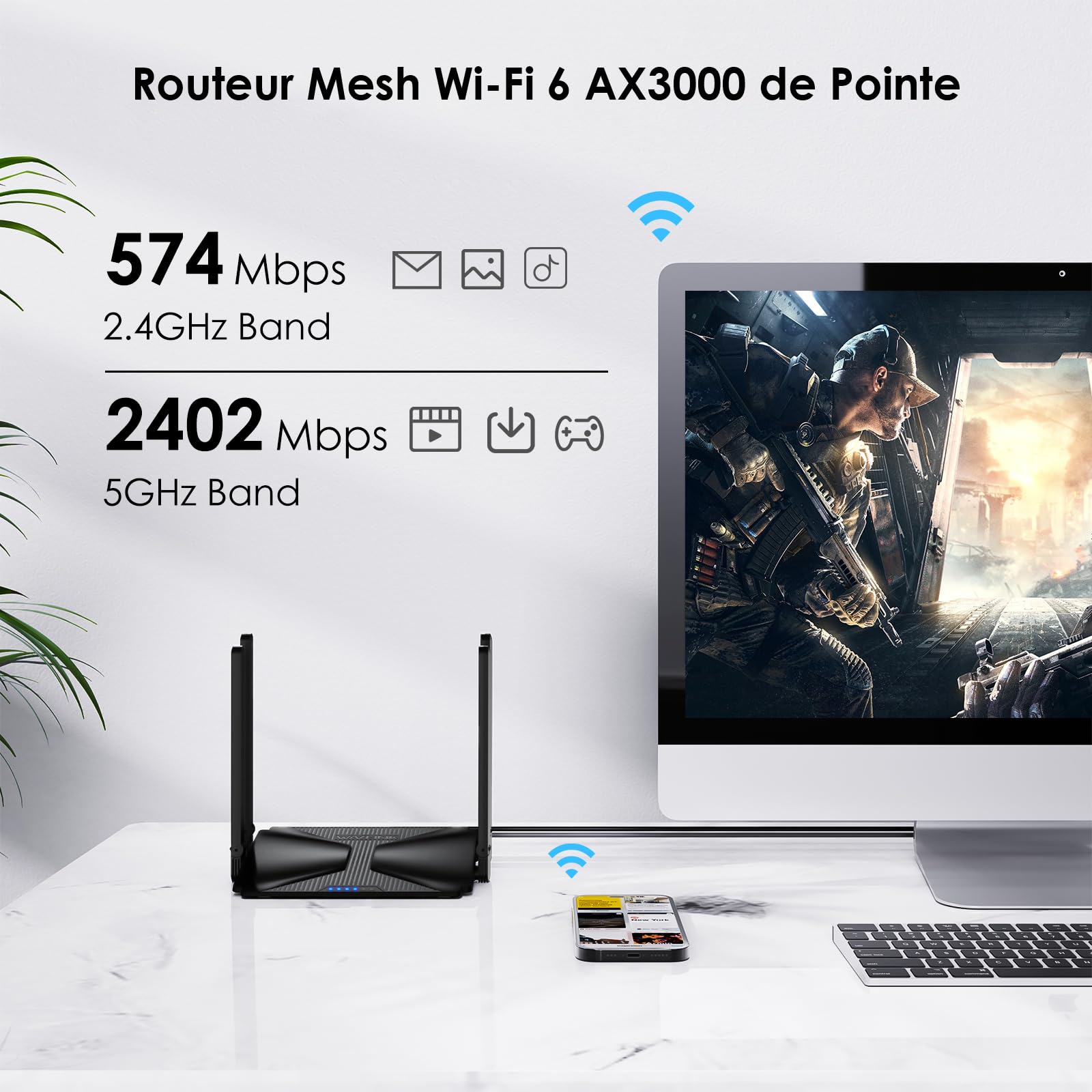 WAVLINK AX3000 Routeur WiFi 6 Dual Band 2.4G/5G 3000Mbps - pour Jeu/VR Pro, Réseau Mesh Intégral, 4xMU-MIMO, OFDMA/WPA3, 160MHz, IPv6, Haute Vitesse + Mode AP