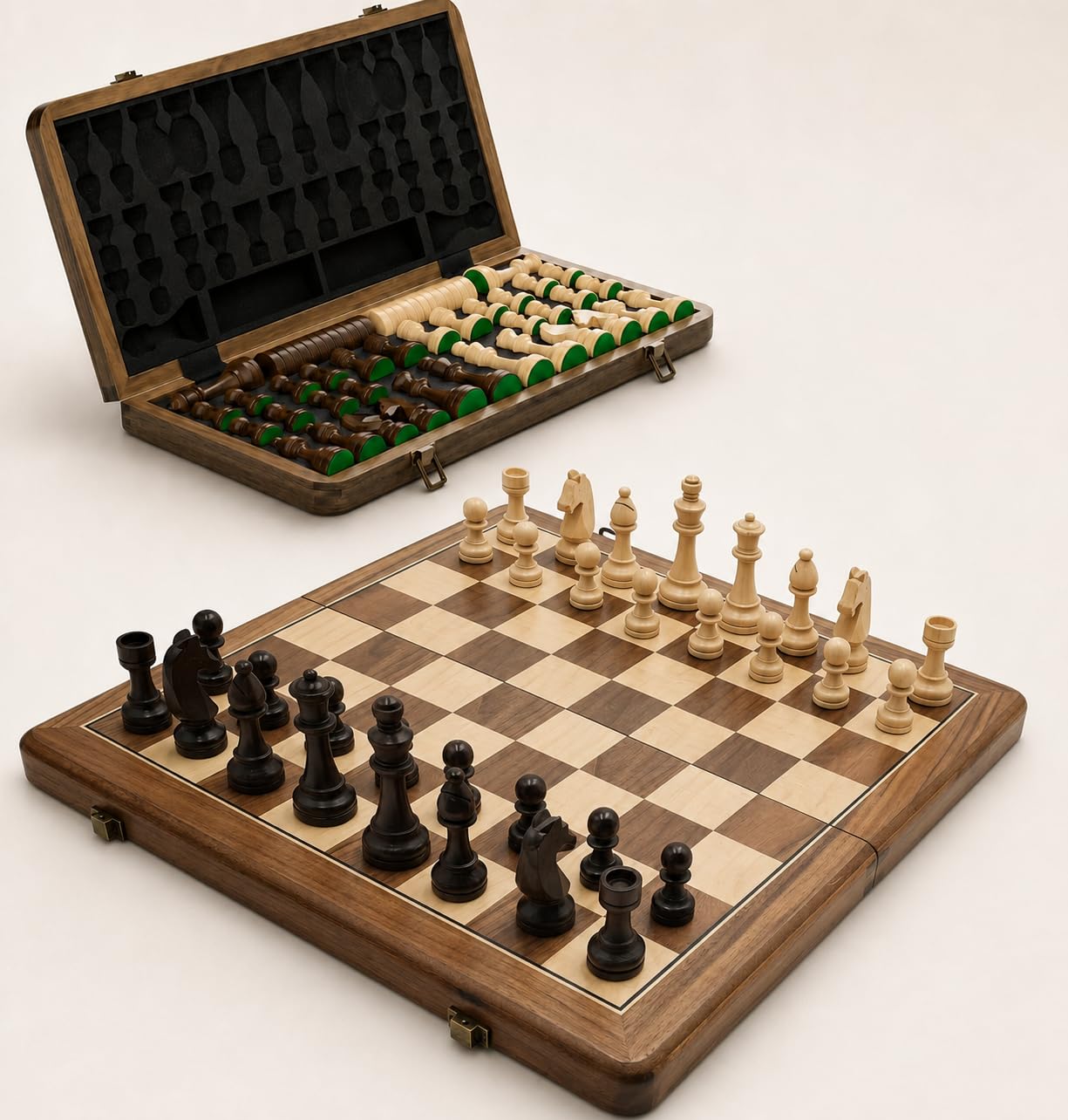 38 cm Holz Klapp-Schach- und Dame-Set, 2-in-1 Brettspiel, 7,6 cm König Staunton Figuren, 2 zusätzliche Damen (Vintage)