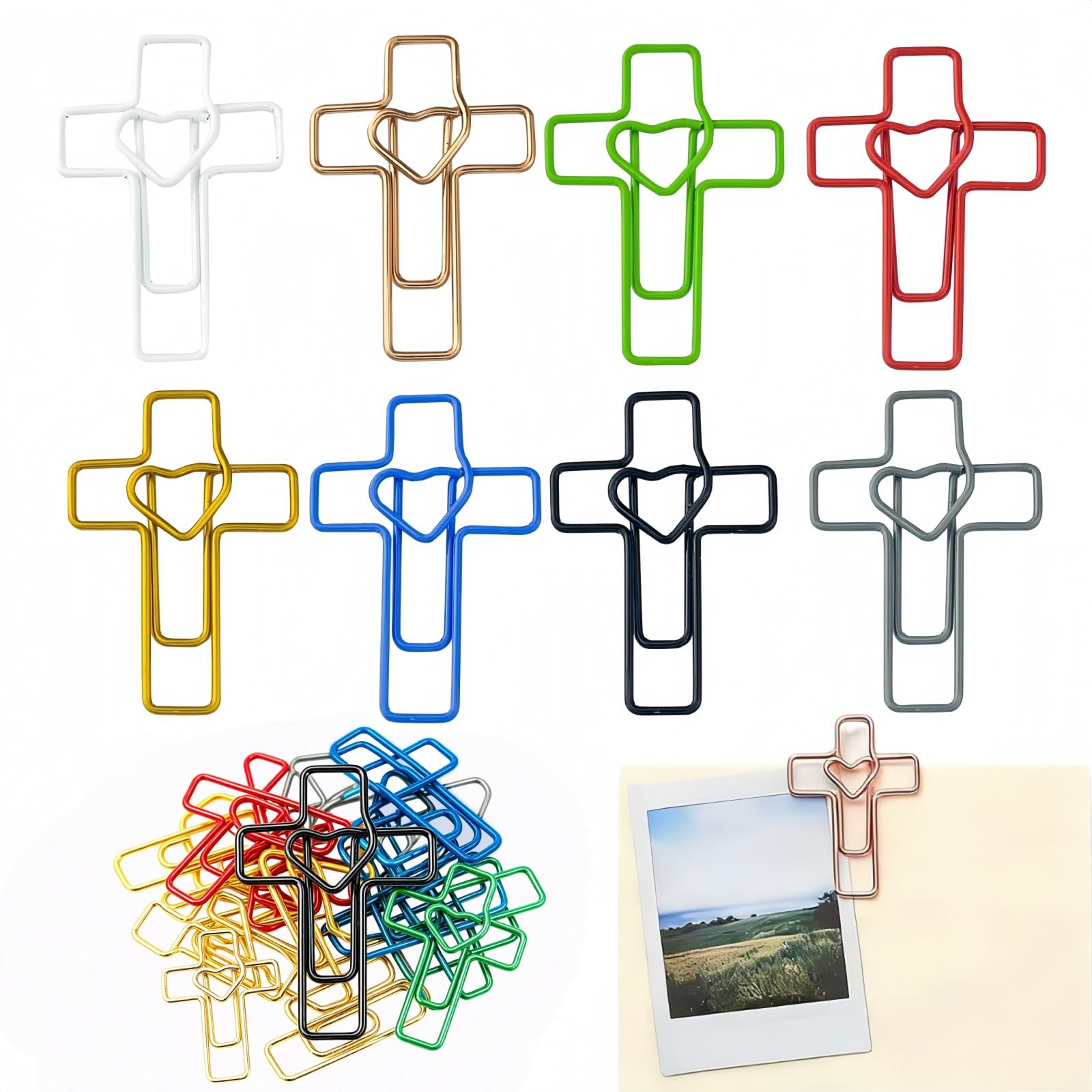 SamHeng 40 Pcs Heart-Shaped Cross Paper Clips, 35mm Colorful Metal Bible Paperclips Small Bookmark Memo Clips Page Marker Paper Clamps for Paperwork Document Note Sorting Organizing Decoration