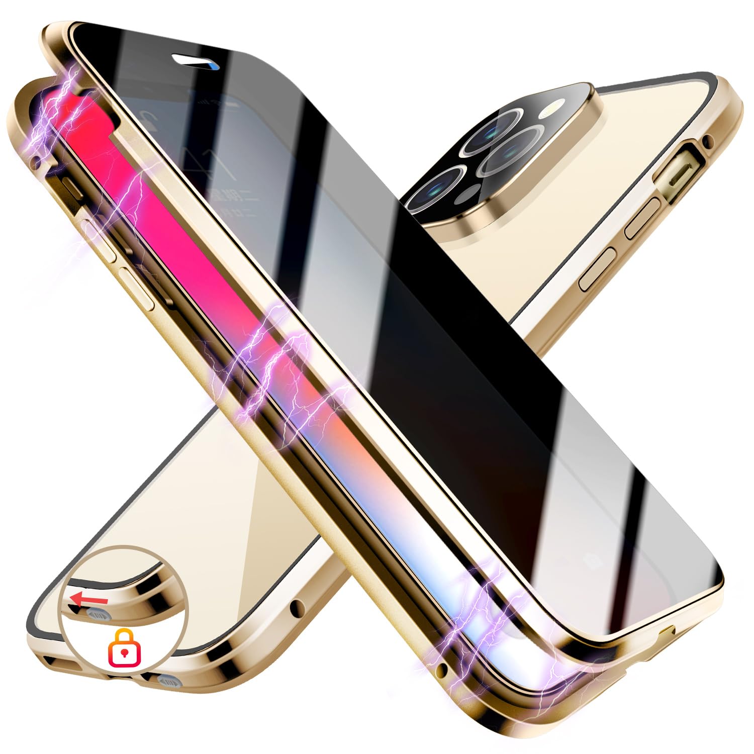 [One-piece Molded Camera Protector+Safety Lock]Magnetic Case for iPhone 15 Pro Max,[High Sensitivity Privacy Screen][Luxury Electroplated Metal Frame]Anti-Peep Double Sided Case for iPhone 15 Pro Max