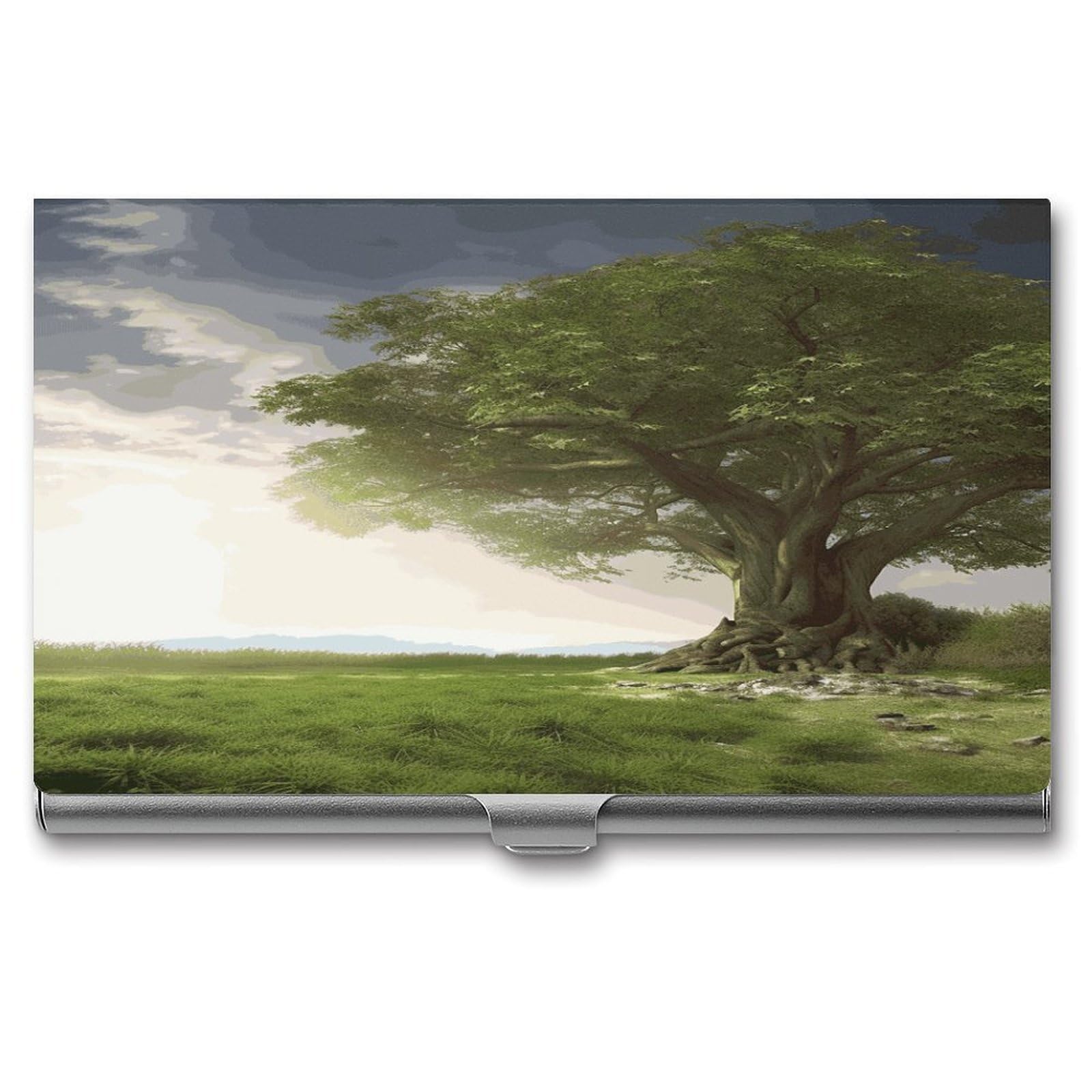 LDGSUPH Tree with Branch Scenery Business Card Holder Fashion Slim Name Card Holder Minimalist Design Case Metal Card Carrier Personalized Business Card Case with Flip for Men Women