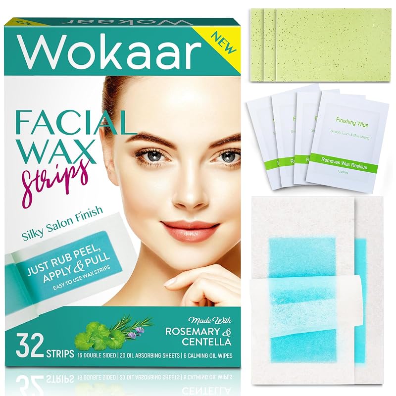 Tiras de cera facial Wokaar com 16 tiras, 6 lenços com óleo e 20 folhas absorventes