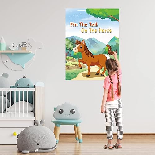 Miniatura 7 de Pin The Tail on the Horse Game - Juegos de fiesta de caballos para niños con póster de 21 x 28 pulgadas, calcomanías de cola reutilizables,
