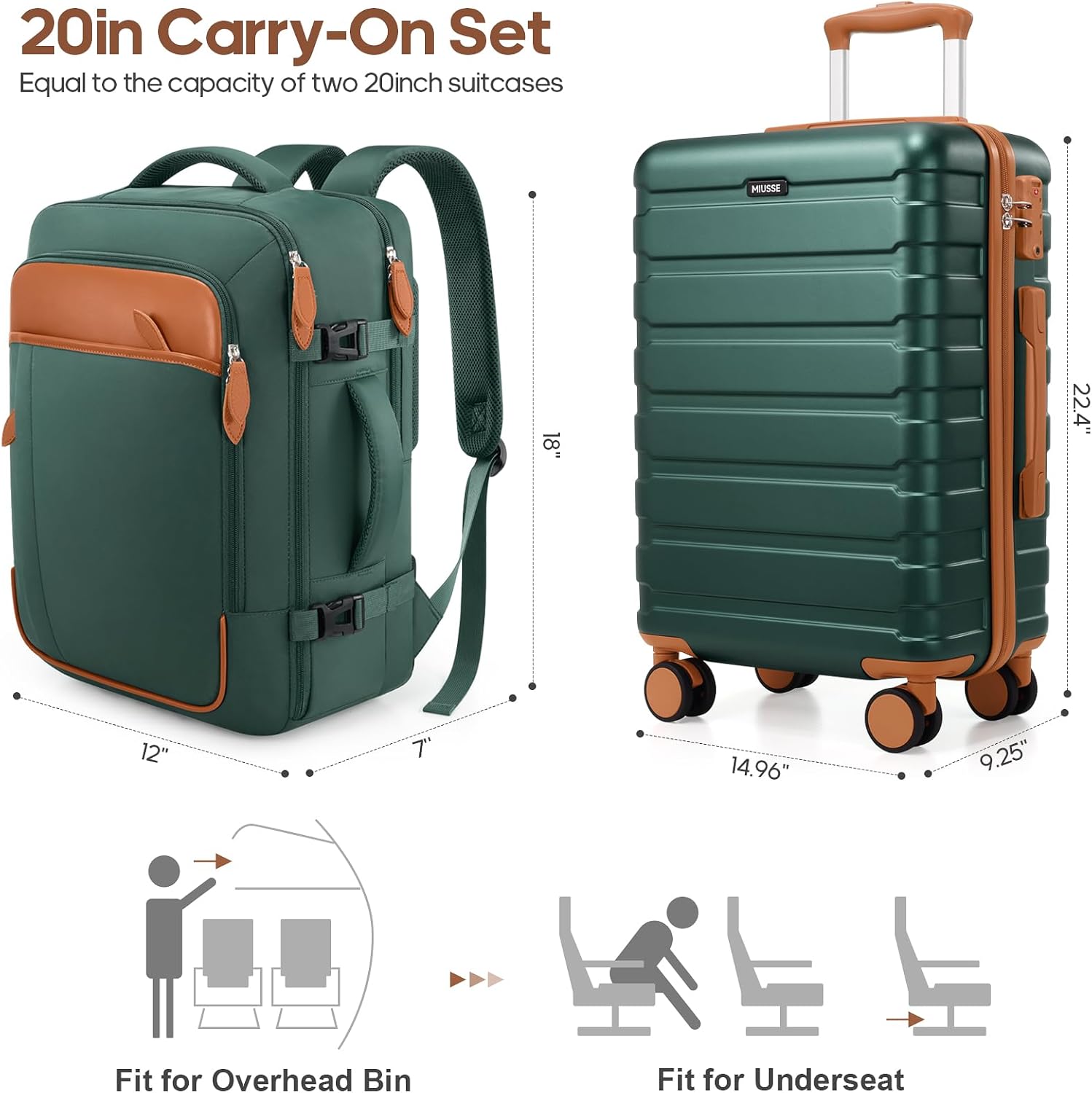 luggage sets 3 piece, 20 inch hardshell carry on luggage 22x14x9 airline approved, suitcase with tsa locks & ykk zippers, carry on suitcase with wheels for men & women travel green