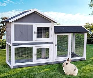 61''L Two Floors Rabbit Hutch Rabbit House Bunny Cage, Wooden Guinea Pig Cages Rabbit Cage with Deeper No Leak Tray, Waterproof Roof, UV Panel, Lockable Doors, for Small to Medium Animals