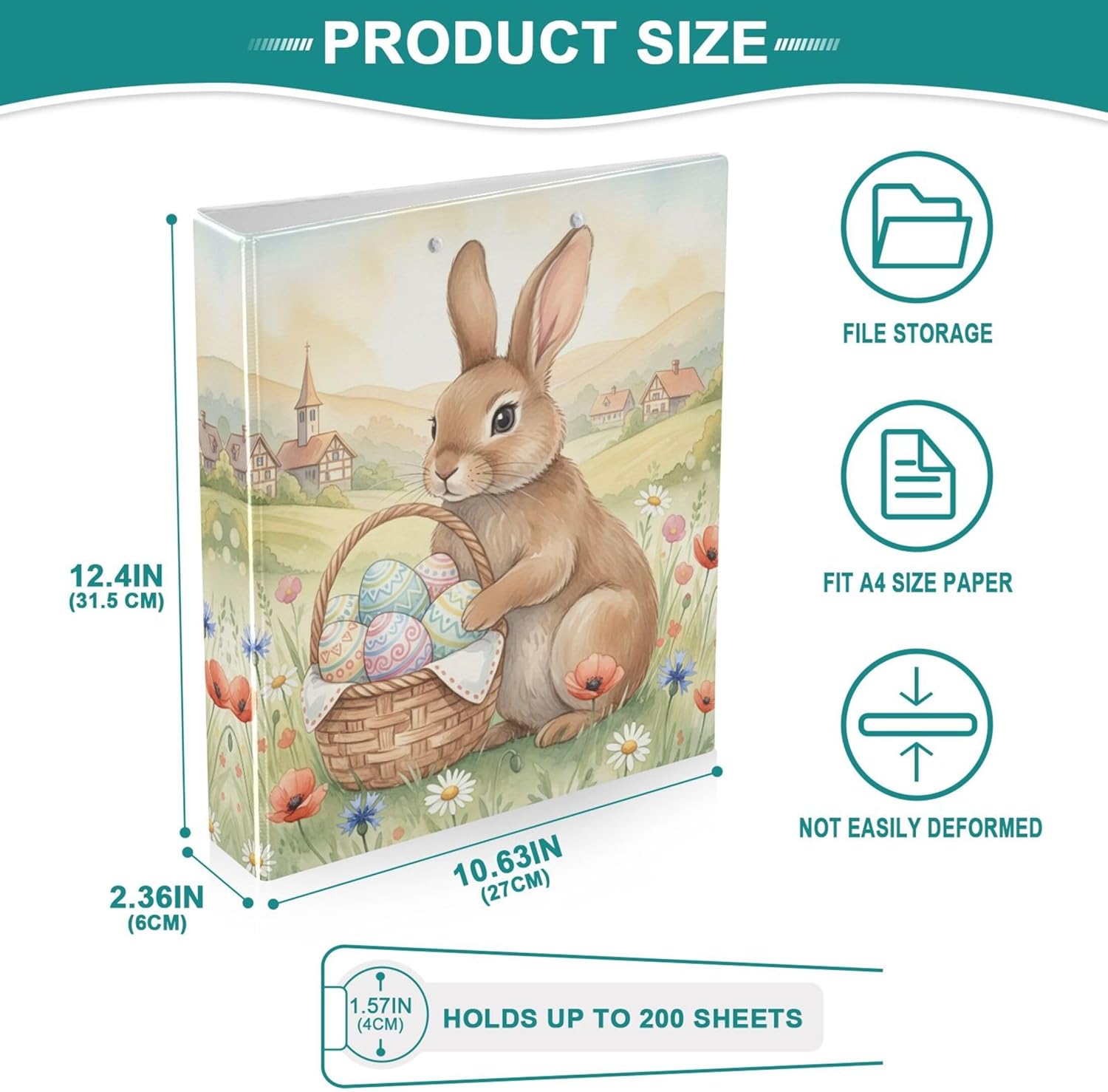 Easter Bunny and Egg 3 Ring Binders, 1.5” Round Ring Binders with Clipboard - Letter Size, 3 Interior PVC Clear Pockets & Anti-Slip Clip for Office School Supplies, 2PCS