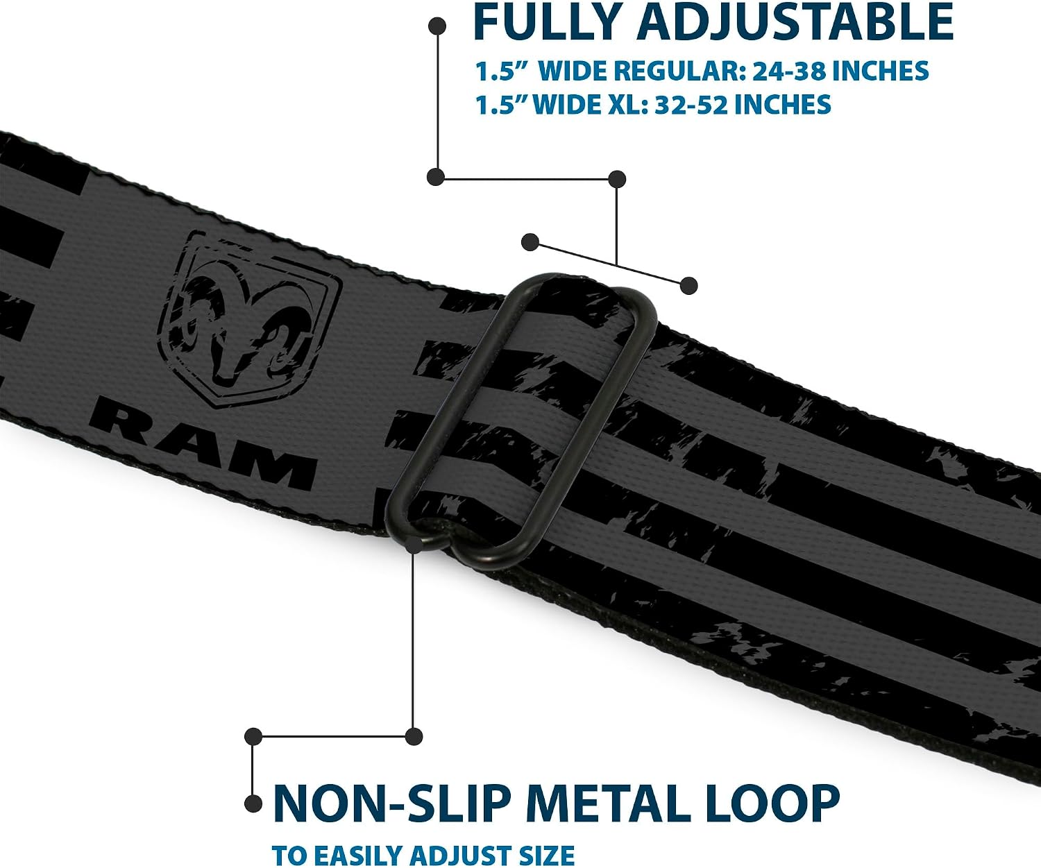 Buckle-Down Ram Belt, Seatbelt Buckle Belt, Ram Logo Americana Stripes Weathered Gray Black, Mens Womens Kids Adjustable