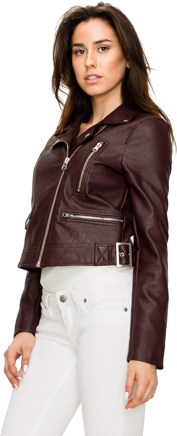 Lock and Love LL WJC1852 Womens Faux Leather Motorcycle Biker Jacket L Maroon - Image 2