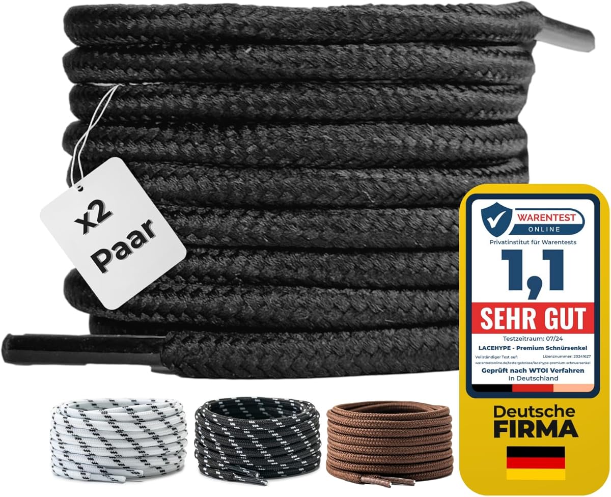 2 Paar - Premium Runde Schnürsenkel [ Ø4,5 mm ] Polyester für Arbeitsschuhe, Stiefel, Outdoorschuhe und Sportschuhe reißfeste Schuhbänder