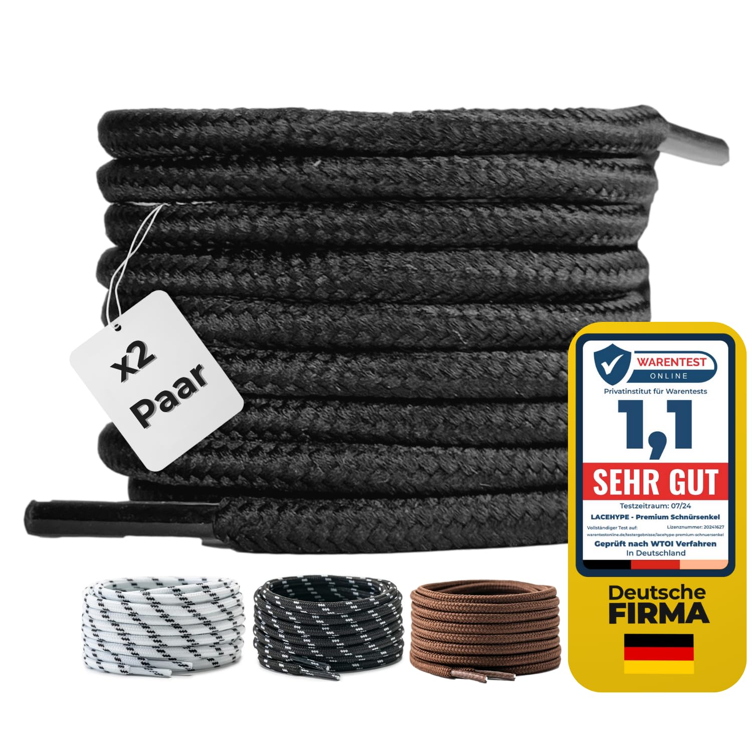 LaceHype 2 Paar - Premium Runde Schnürsenkel [ Ø4,5 mm ] Polyester für Arbeitsschuhe, Stiefel, Outdoorschuhe und Sportschuhe reißfeste Schuhbänder (Schwarz, 120cm)