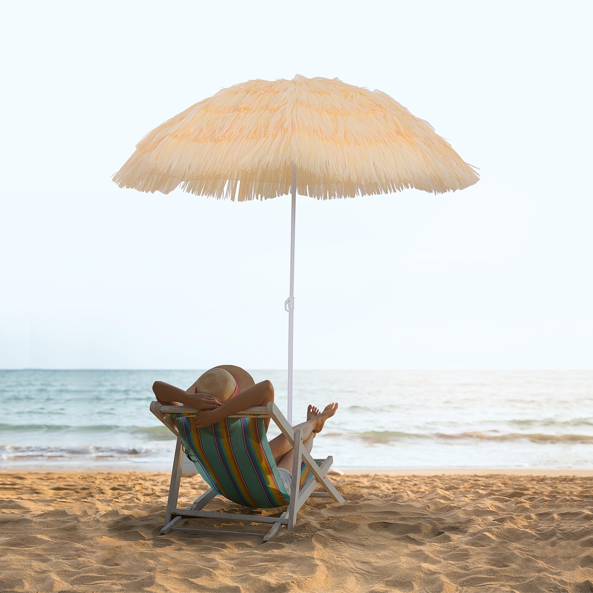 Outsunny Parasol de Plage Design Hawai Raphia Artificiel 160 cm Beige