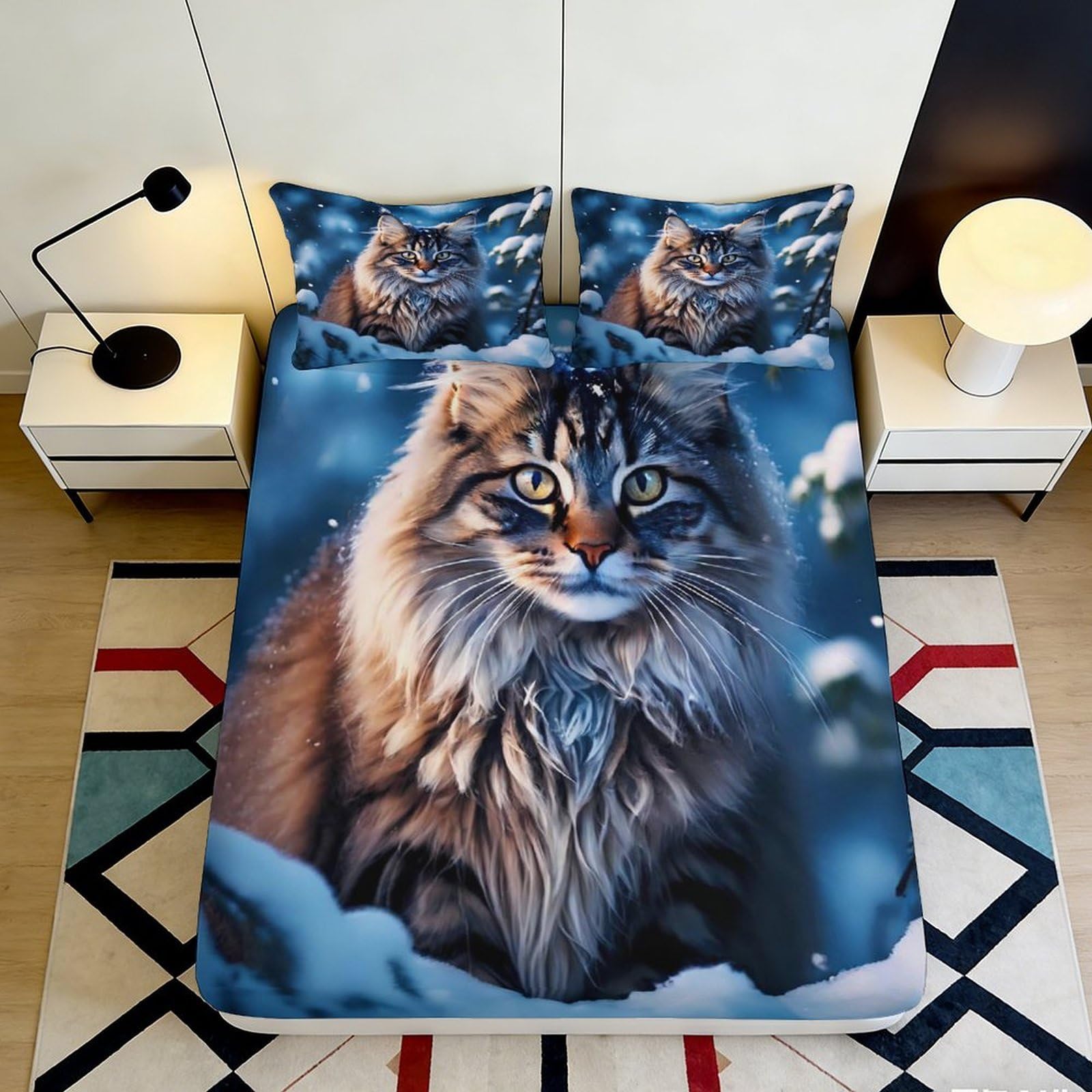 Pnayamiorkfel Style-10 3D Printed Winter Forest Cat Fitted Sheet Microfiber Soft Decor Snowy Pet Bed Cover For Bedroom Guest Room 90X200x25cm
