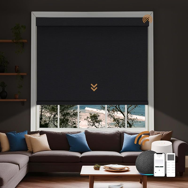 Motorized Blinds with Remote, Custom Automatic Electric Blackout Smart Blinds for Windows, Motorized Window Roller Shades Compatible with Alexa Google for Home Office, Luxury Black