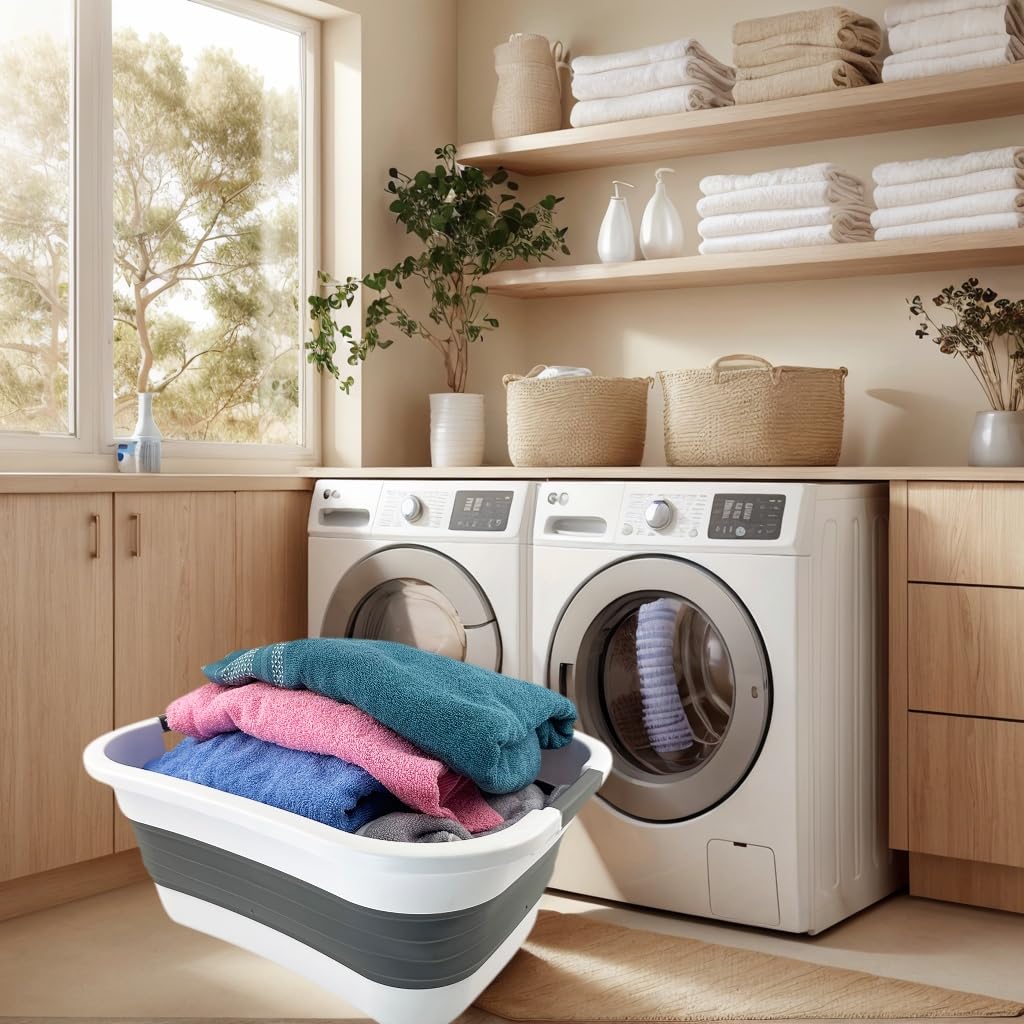 SAMMART 30L (7.9 gallon) Collapsible Plastic Laundry Basket - Foldable Pop Up Storage Container/Organizer - Portable Washing Tub - Space Saving Hamper/Basket (1, White/Steel Grey)