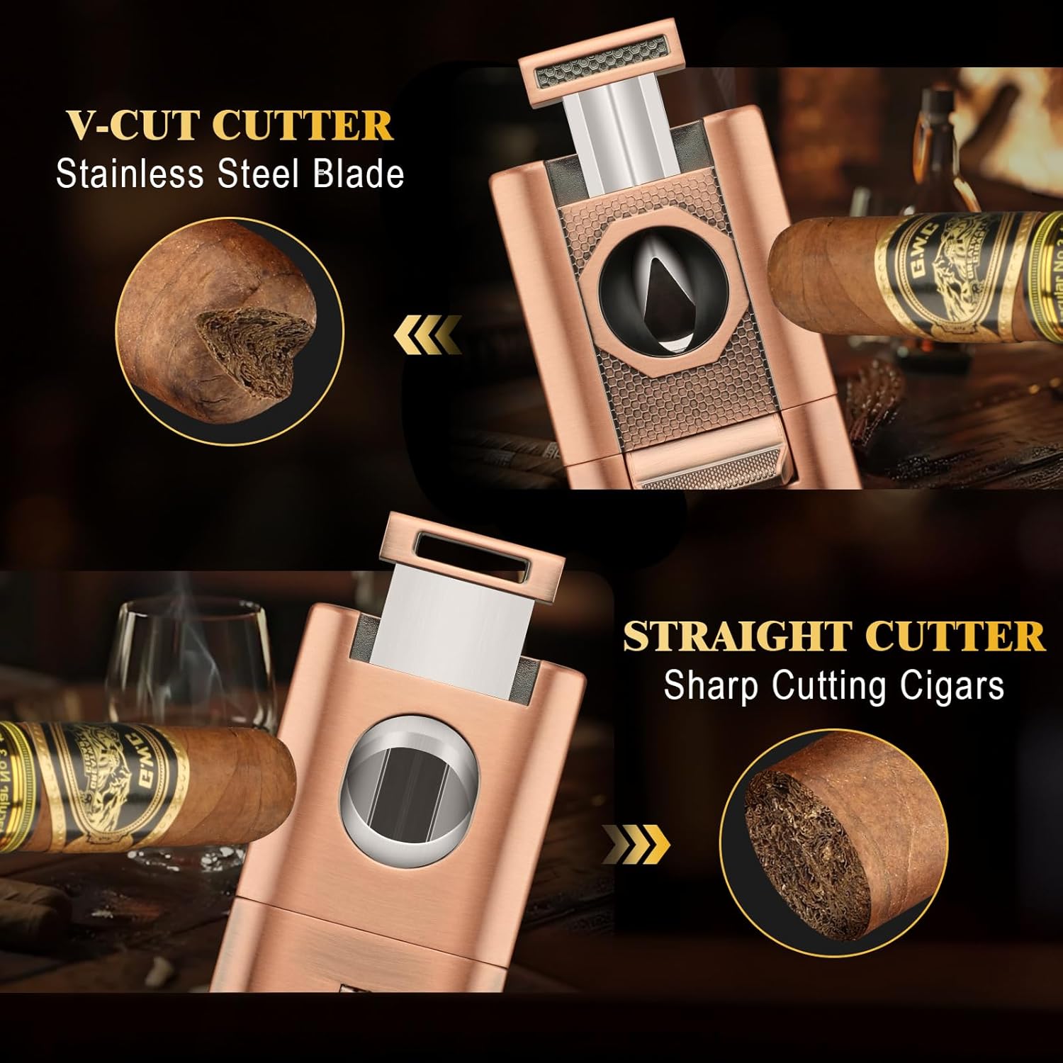 XIFEI 6-in-1 Desktop Lighter, 4 Jet Flame Torch with Straight & V-Cut Cutter, Dual Cigar Punch, Cigar Draw Enhancer, Holder, Refillable Butane Lighter with Gift Box (Bronze)