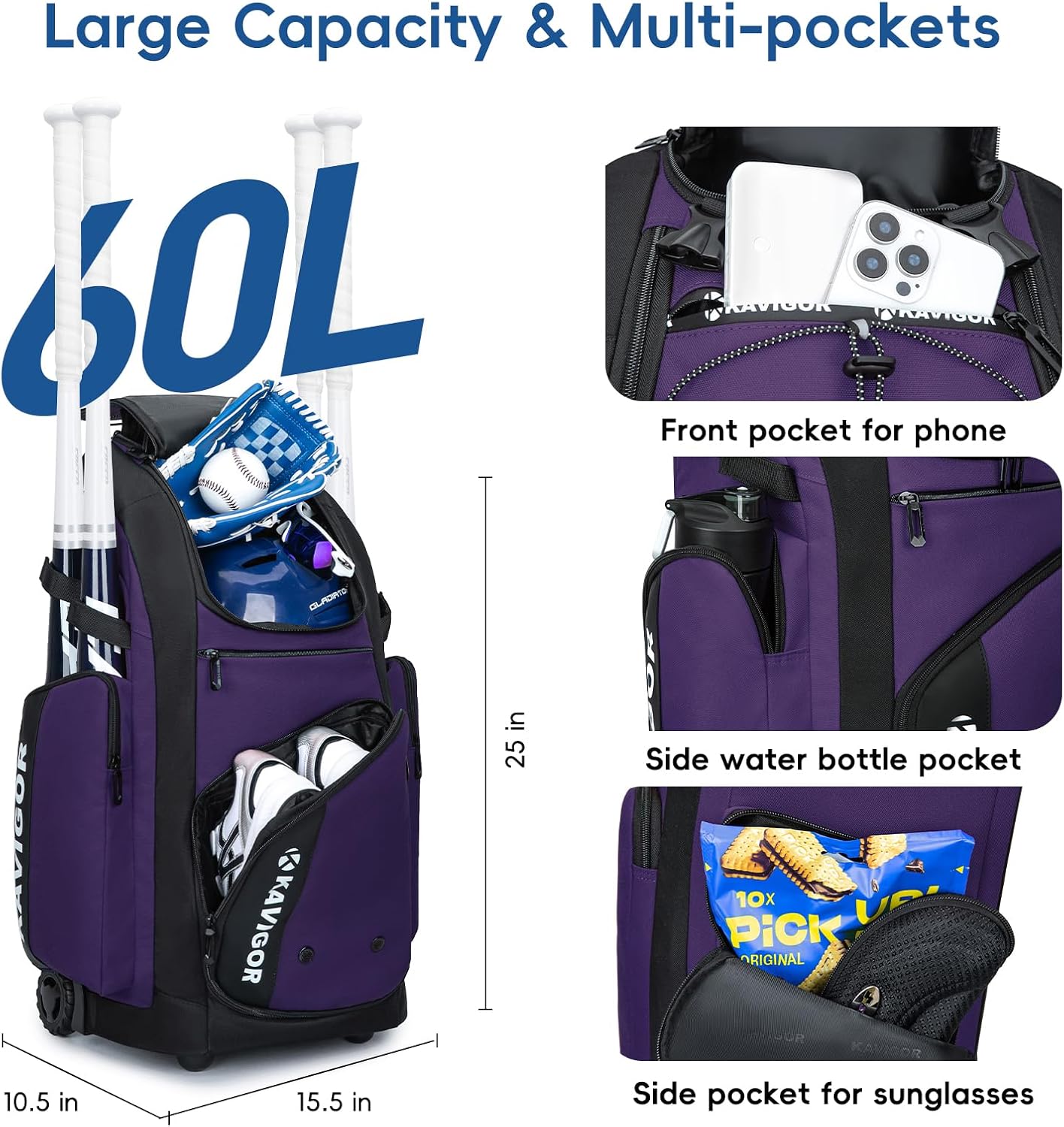 KAVIGOR Rolling Baseball Bag with Wheels, 60L Capacity Softball Bag Holds 4 Bats for Boys and Girls, Youth Equipment Bag with Shoe Compartment