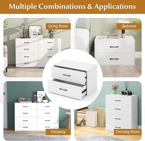 Miniatura 8 de SIMOE White Stackable 2-Drawer Dresser for Bedroom, Short Storage Cabinet with Handles and Anti-Topping Device, Small Chest of 2 Drawers for Bedroom