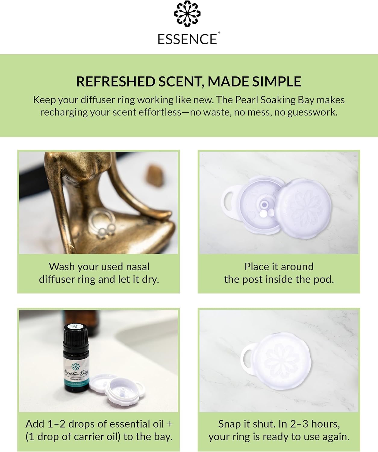 Essence Pearl Travel Case - Wearable Aromatherapy Kit with Nasal Diffuser Rings, Soaking Bay, and 5mL Essential Oil – Portable Wellness Gift Set for On?The?Go Self Care