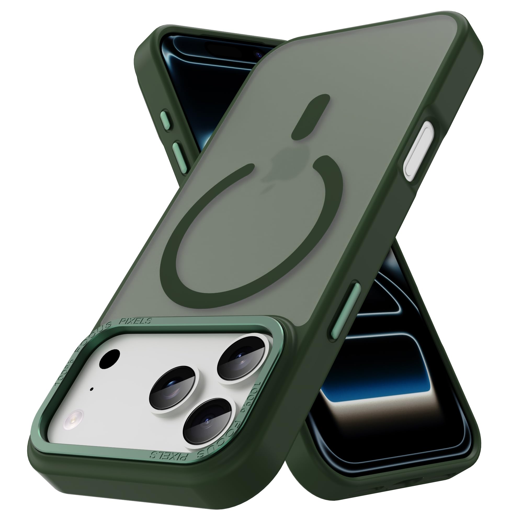 PinLiSheng iPhone 17 Pro MagSafe対応 ケース マット 半透明 金属ボタン 耐衝撃 肌に優しい触感 指紋防止 米軍MIL規格 黄変防止 ストラップホール付き スマホケース (インクグリーン, iPhone 17 Pro)