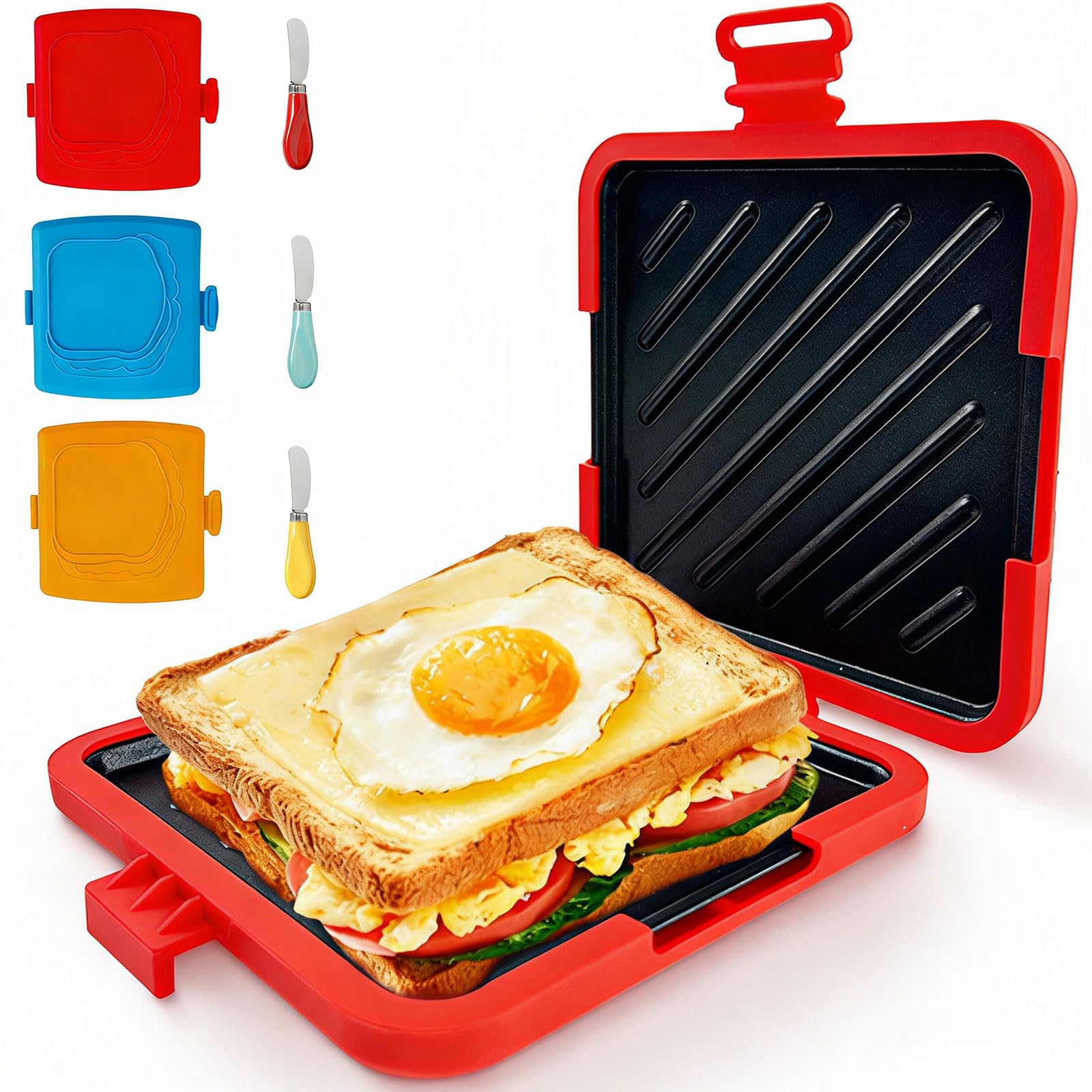 Microwave Toastie Sandwich Maker, Sandwich Toaster with Butter Knife, Panini Presses, Silicone Microwaveable Cookware for Quick Breakfasts, Grilled Cheese, Tuna Melts and Ham, Dishwasher Safe (Red) — image 1