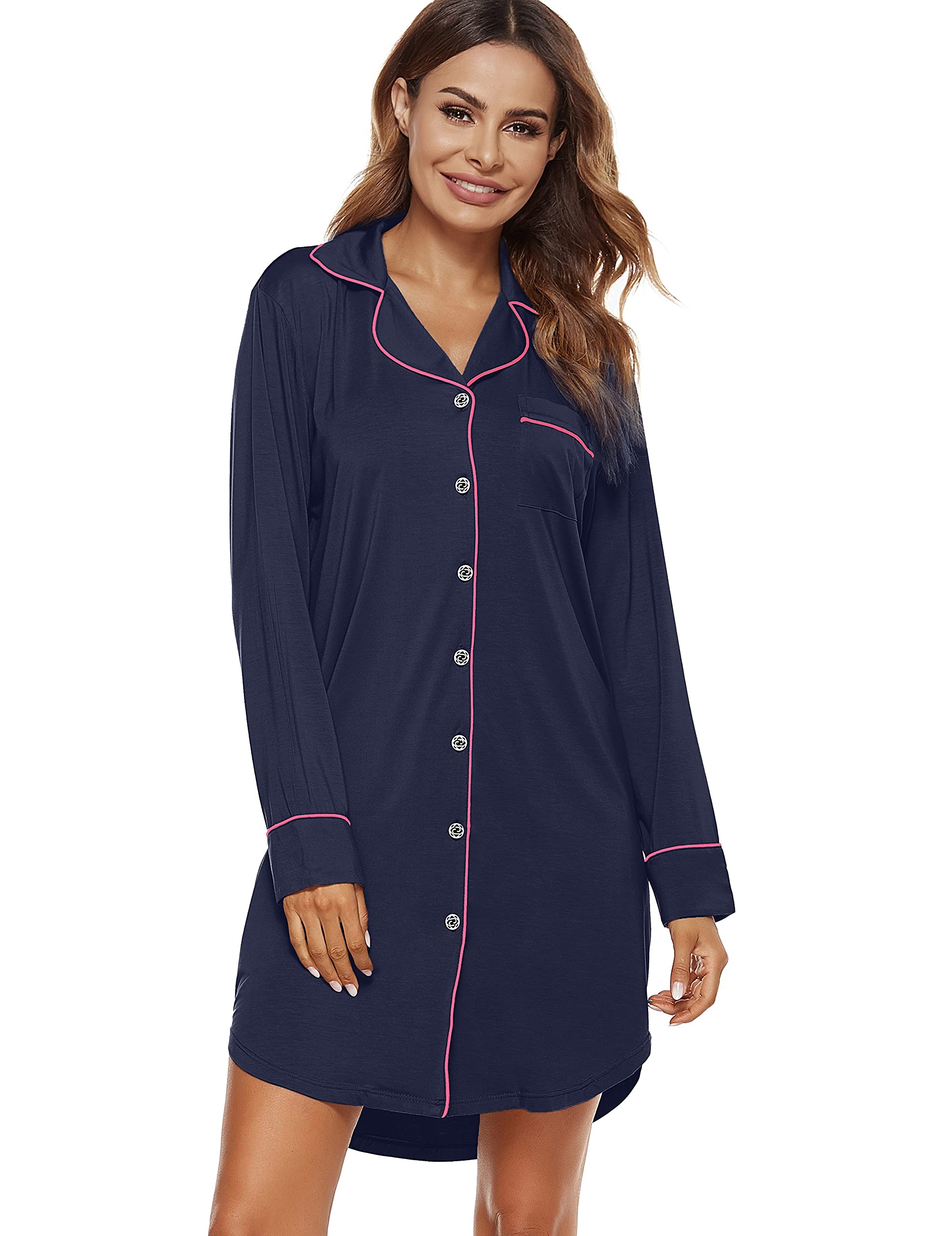 N NORA TWIPS Women's Nightgown Long Sleeve Sleepwear Knit Nightgown Soft Button Sleep Dress - Dark Blue Long Sleeve X-Large