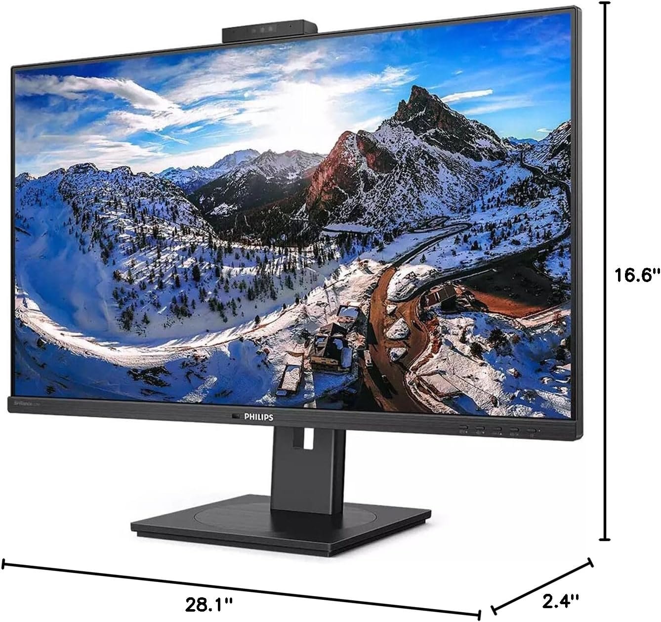 Diagram showing the dimensions of the Philips 329P1H monitor: 28.1 inches wide, 16.6 inches high, and 2.4 inches deep.