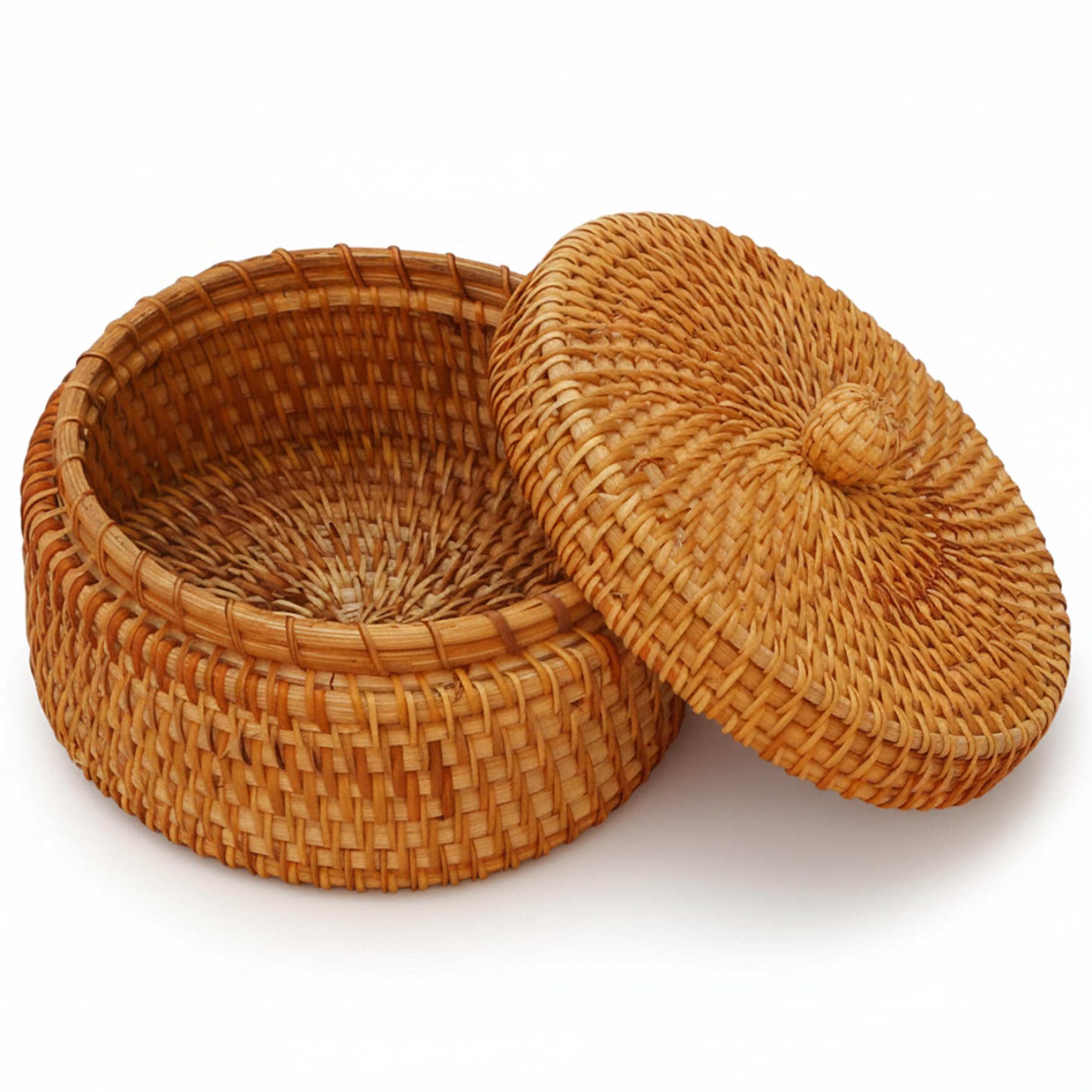 Ameble Wicker Basket with Lid, Natural Rattan Storage Basket for Home Organization, Round Decorative Box for Keys, Snacks, Fruits, Round