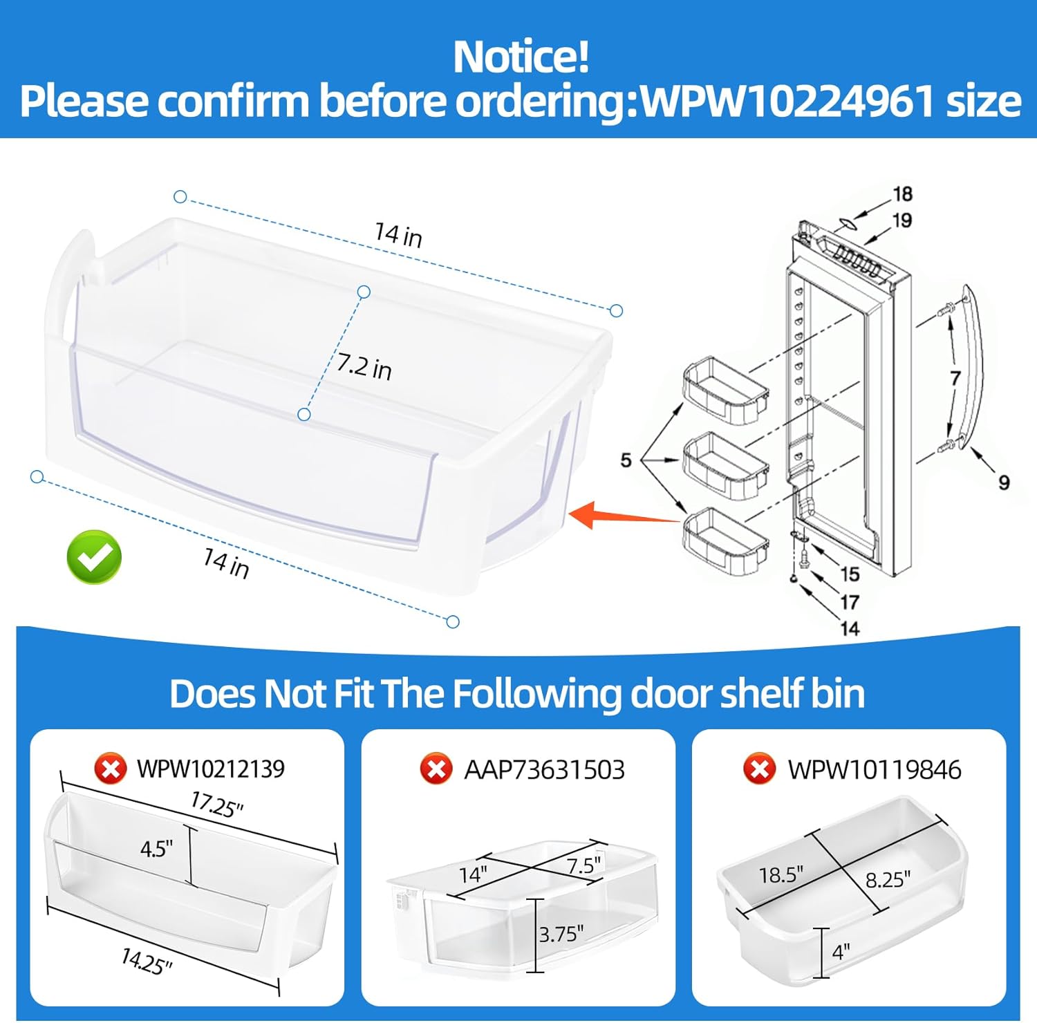 UPGRADED WPW10224961 Refrigerator Door Shelf Bin Replacement Compatible with Whirlpool Refrigerator Door Shelf W10224961 Maytag Gallon Shelf WRF555SDF WRF555SDH WRX735SDBM Fridge Bin Right