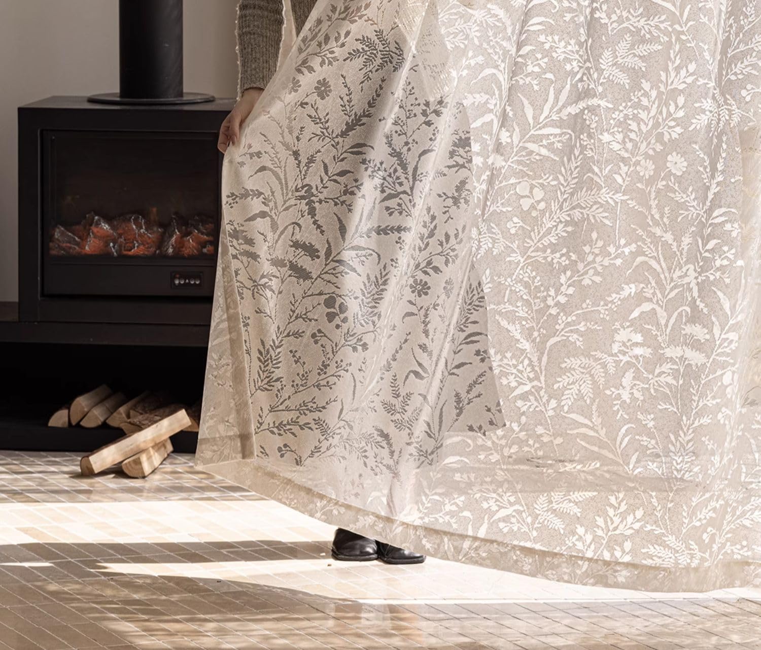 Dentelle avec motif de feuille sable 245x300 cm pour salon et balcon