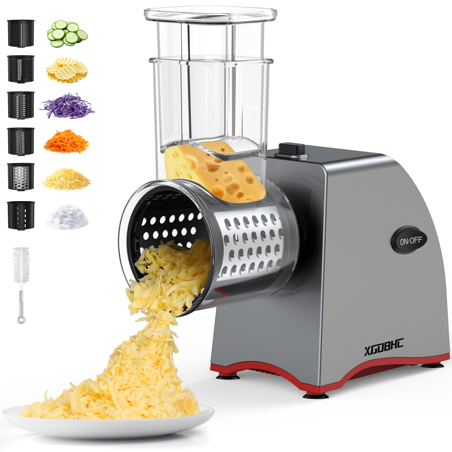 Electric Cheese Grater, Upgraded Salad Maker with 6 Replaceable Stainless Blades, 250W Electric Cheese Shredder, Multi-Function Kitchen Slicer Ice Shaver for Cheeses, Fruits, Vegetables, Nuts, Ice
