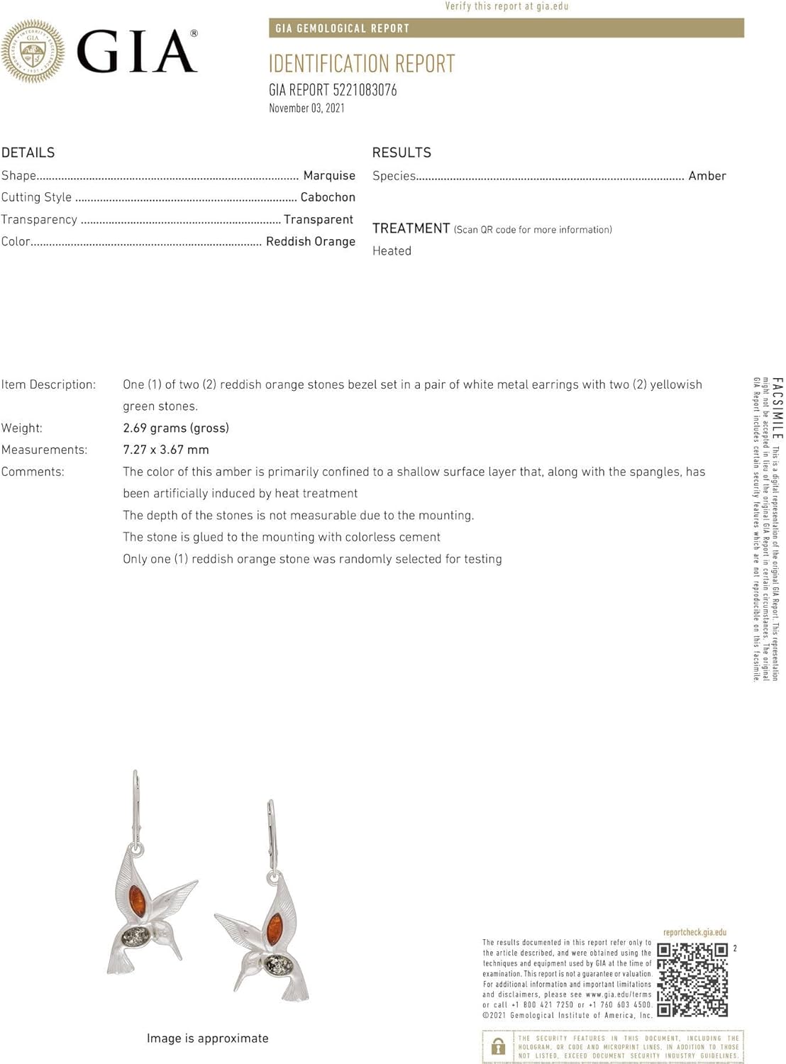 Hummingbird Earrings - GIA Certified Baltic Amber French Leverback Dangling Earrings - Sterling Silver Jewelry Collection